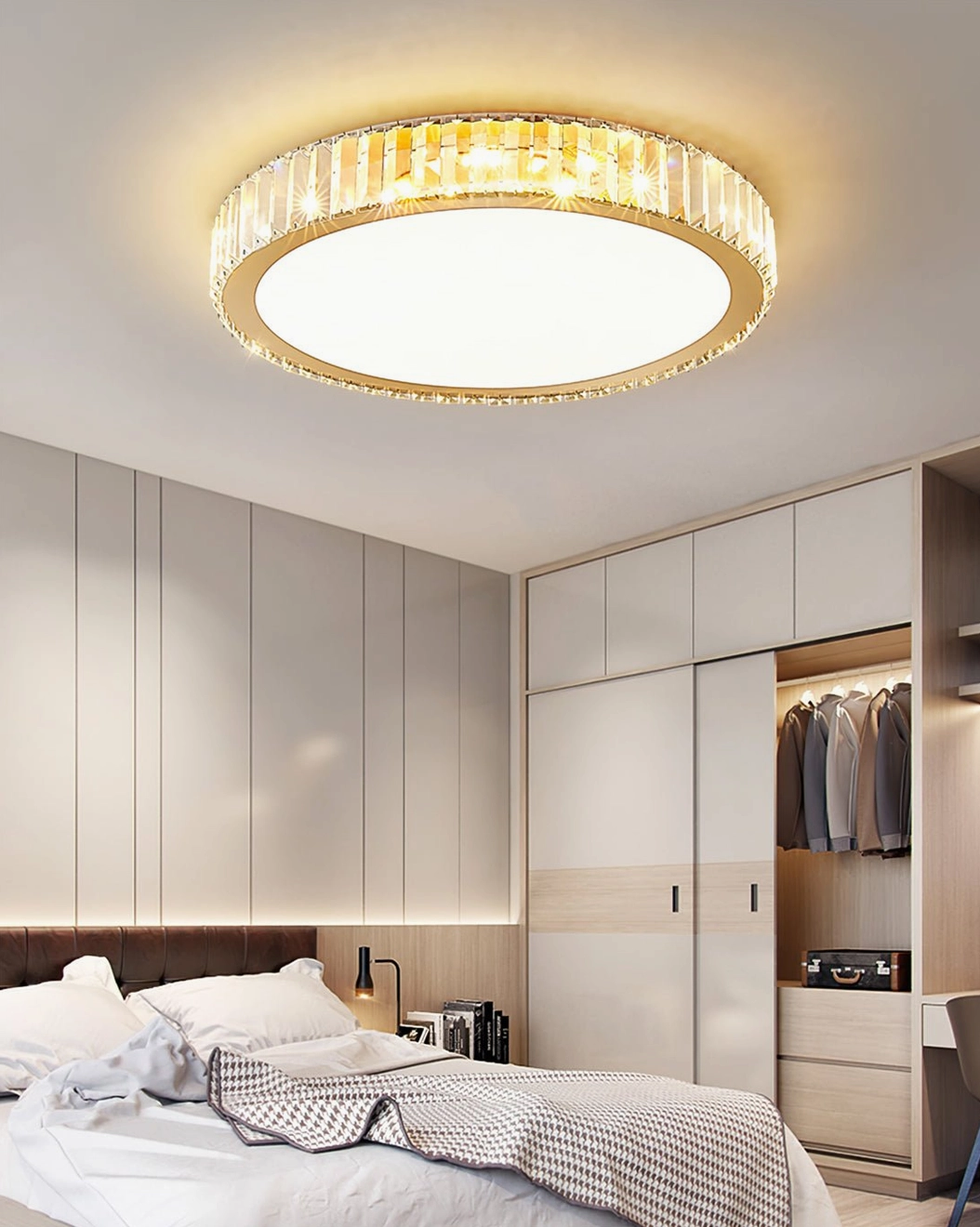 Minimalist gold crystal ceiling light in master bedroom with walk-in closet