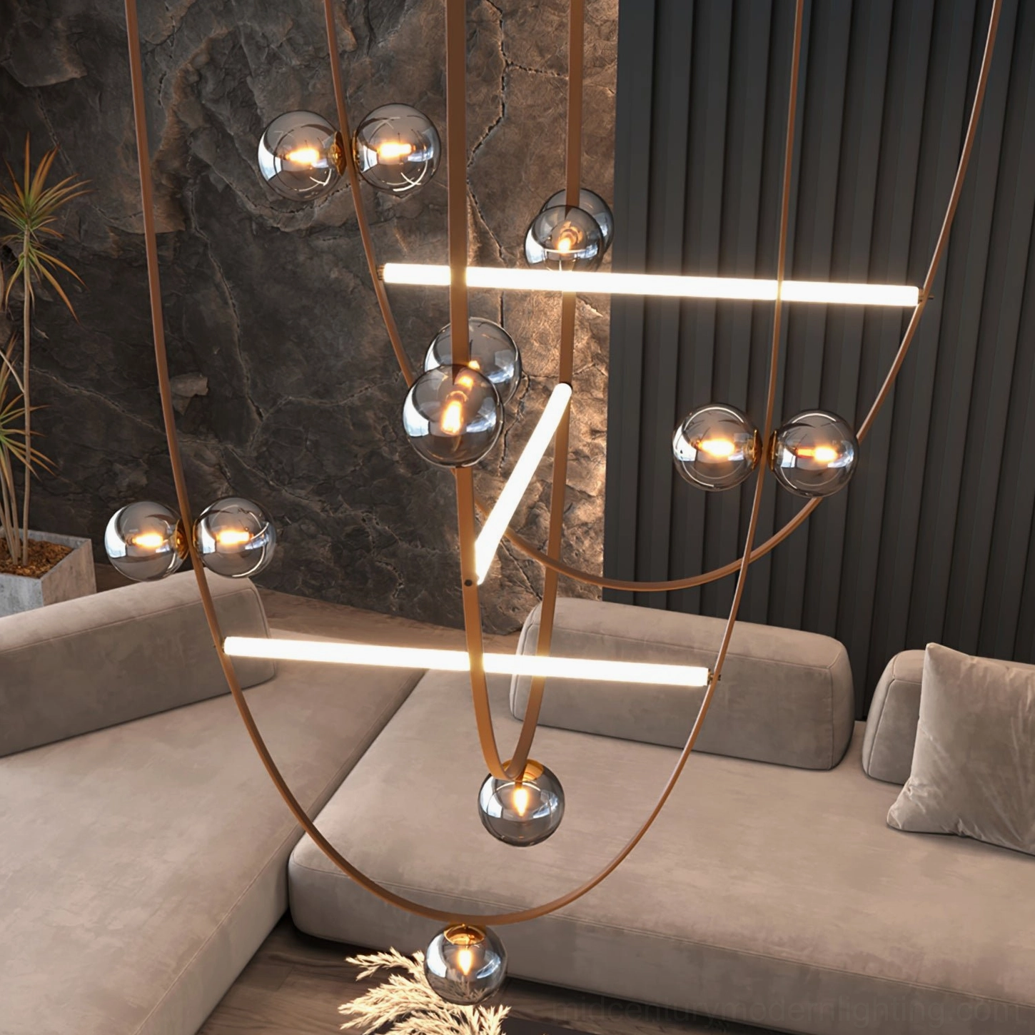 Large luxury leather strap pendant chandelier installed in high-end minimalist living room with brown leather and smoked glass