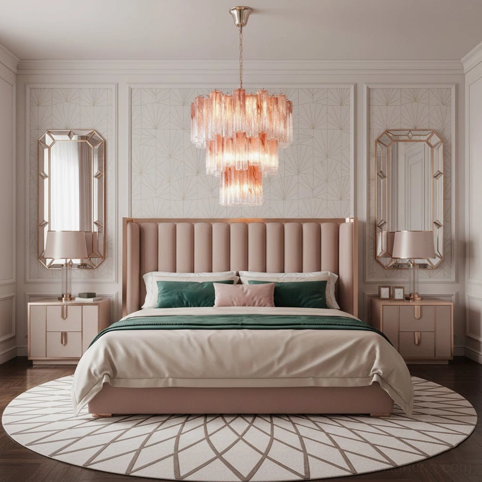 Luxury master bedroom featuring pink Murano tube chandelier above bed with tufted leather headboard and vanity mirrors