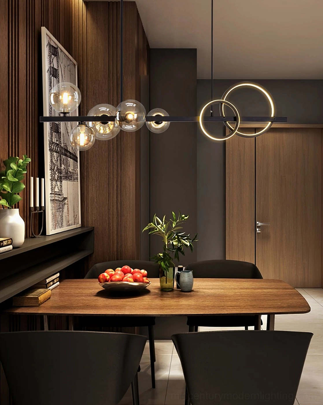 Luxury modern glass chandelier with warm glowing LED bubbles and black metal frame in upscale wooden dining room