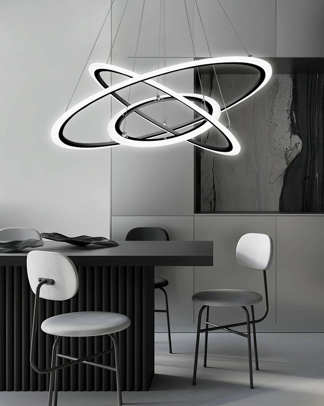 Intersecting aluminum ring chandelier creating sculptural shadows above dark furniture in modern minimalist home bar nook