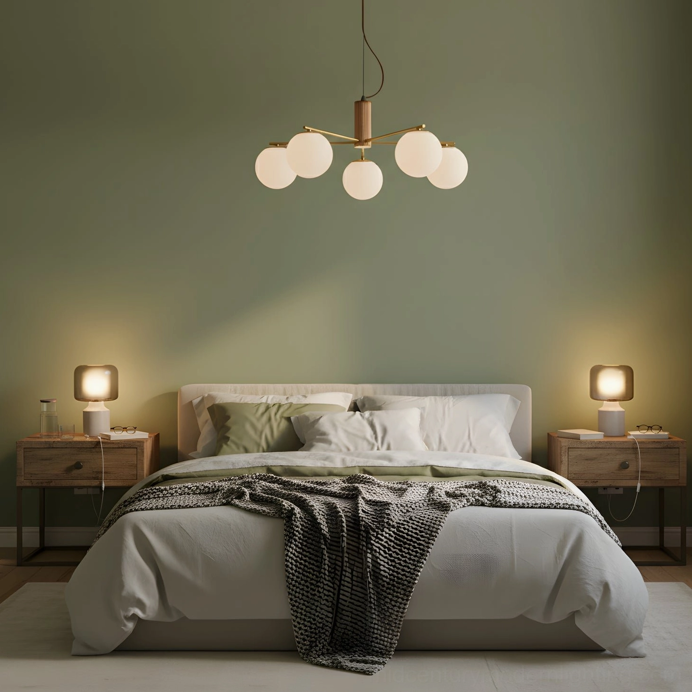 Macy sputnik chandelier brass frame detail shot showing wood accents and frosted glass construction
