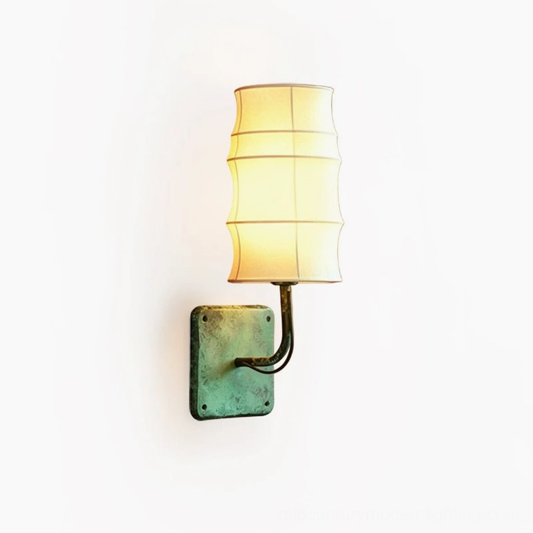 Maeve Lantern Wall Sconce in White & Green colorway with tiered fabric shade and verdigris metal base, product shot