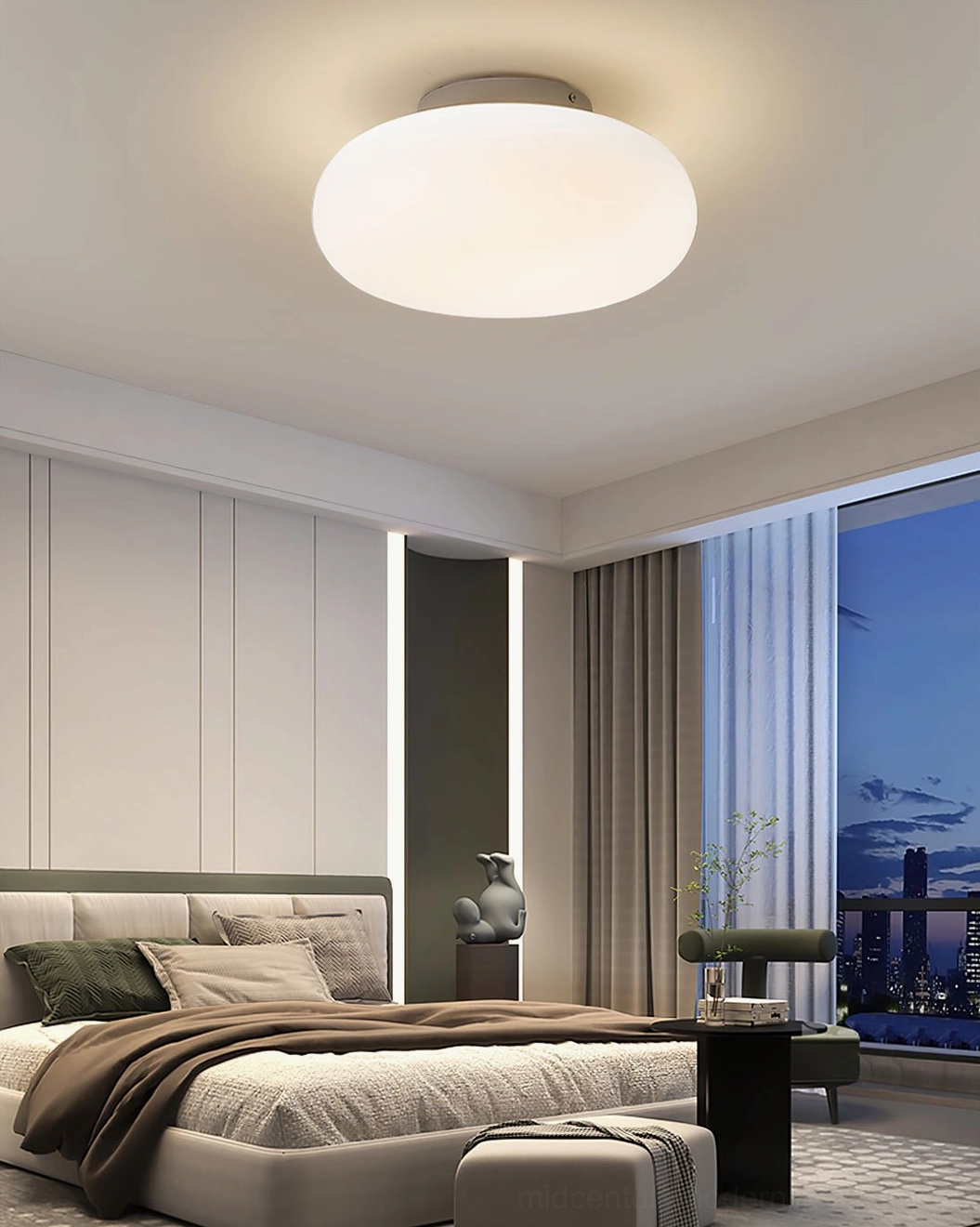 Maga ellipsoid flush ceiling light in modern bedroom at night with city skyline window view