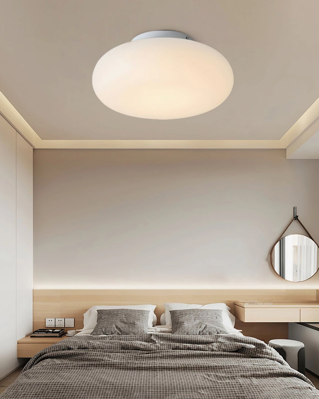 Maga ceiling light in modern bedroom with vanity desk, mirror, and minimalist decor, warm white ambiance
