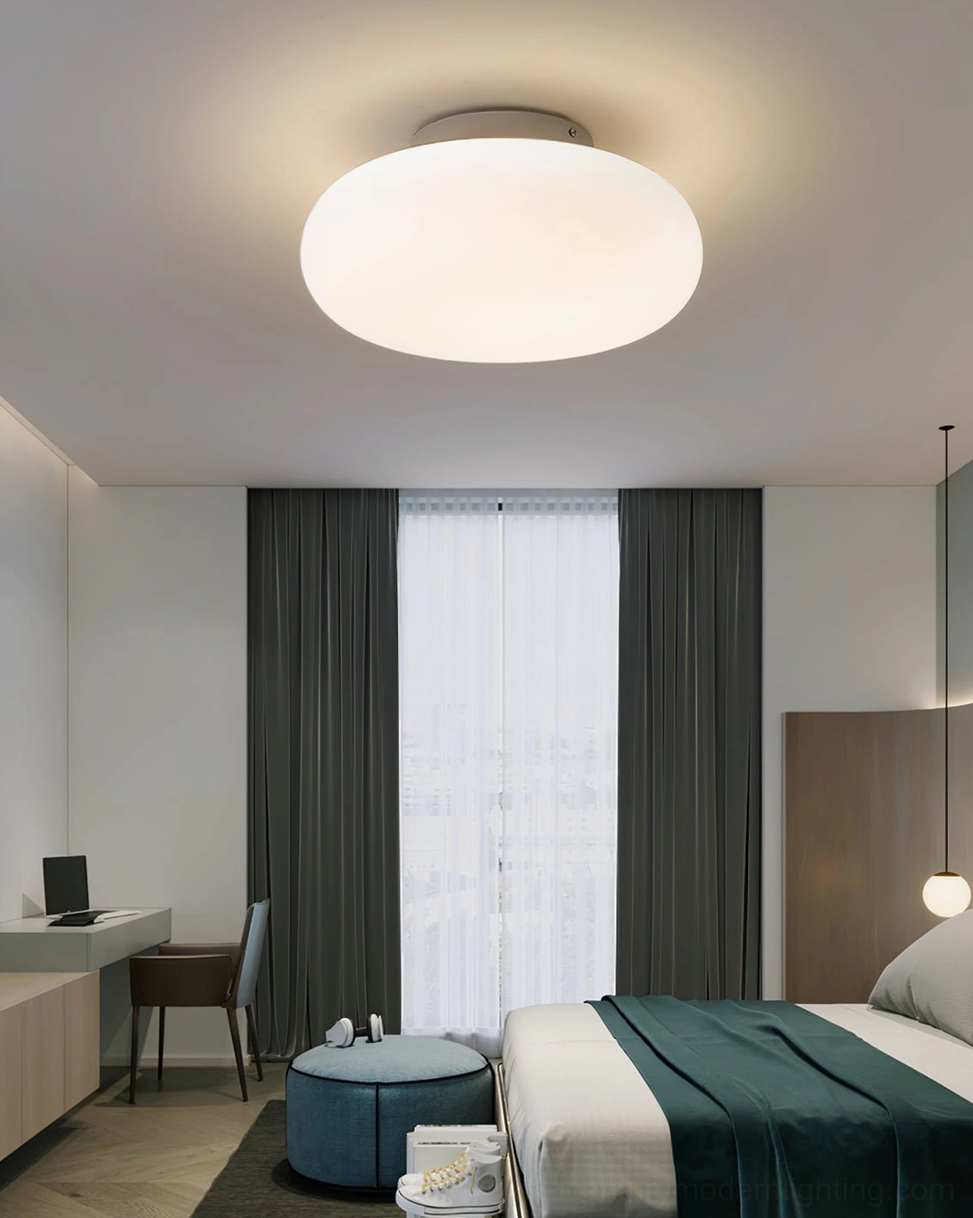 Maga ceiling light fixture detail view showing chrome ring base and opal PE diffuser construction