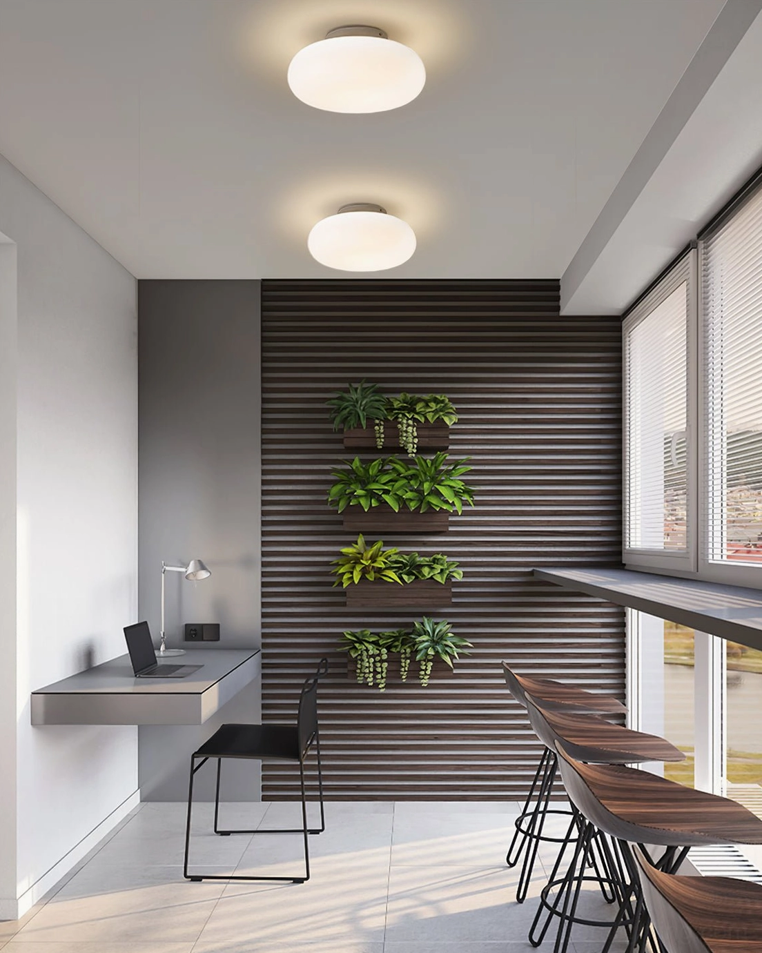 Dual Maga ceiling lights in home office with bar seating, ambient lighting for work-from-home space