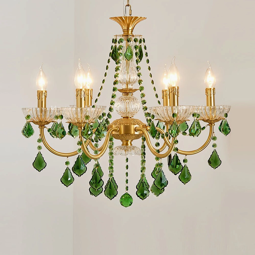Magdalena brass and green crystal chandelier 6-head configuration product photography