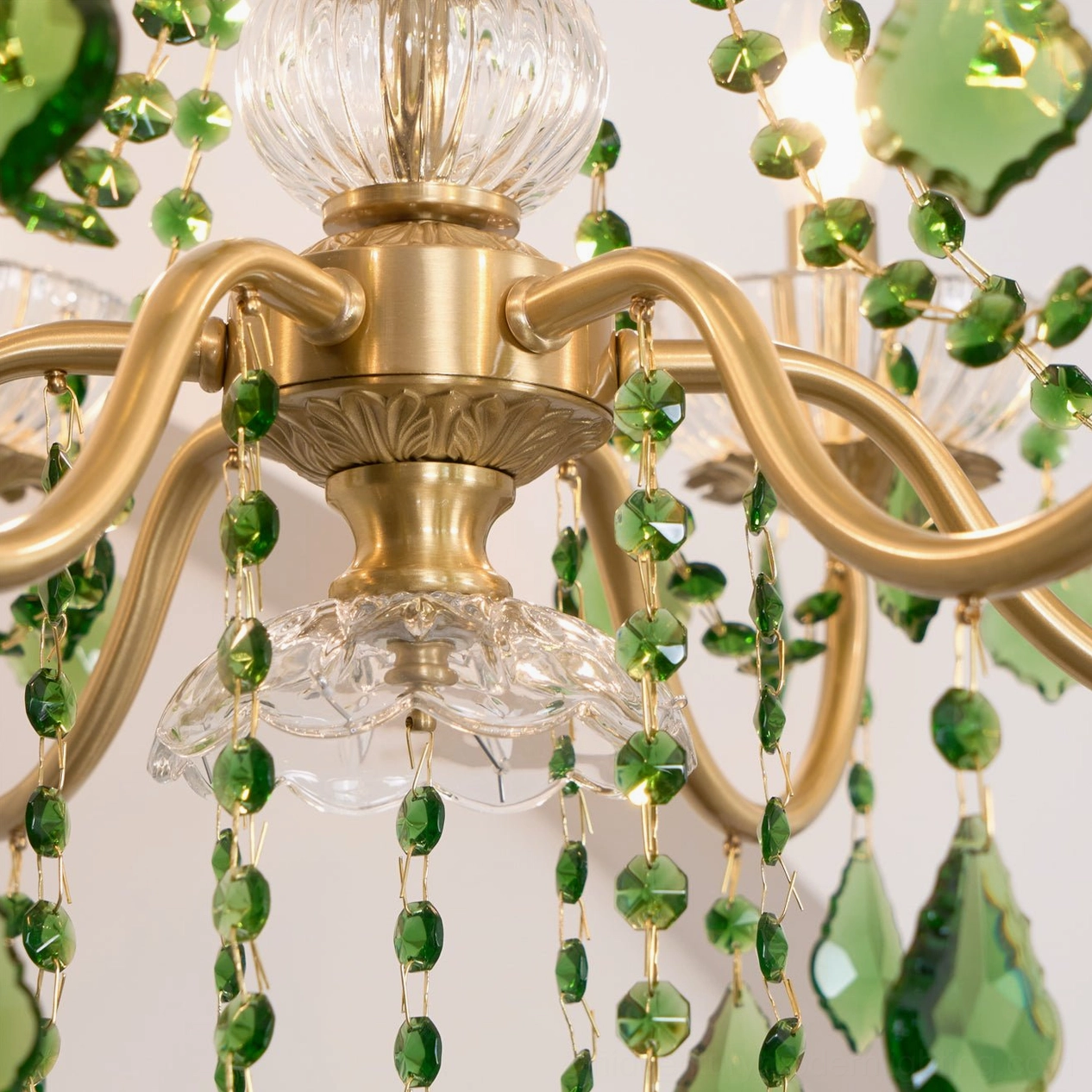 Magdalena brass chandelier elegant fixture design with faceted green crystal decoration