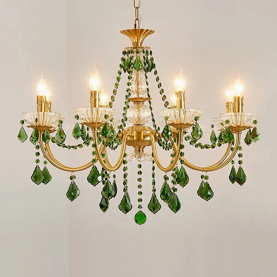 Magdalena chandelier lit with Edison-style bulbs showing warm candle glow and crystal refraction