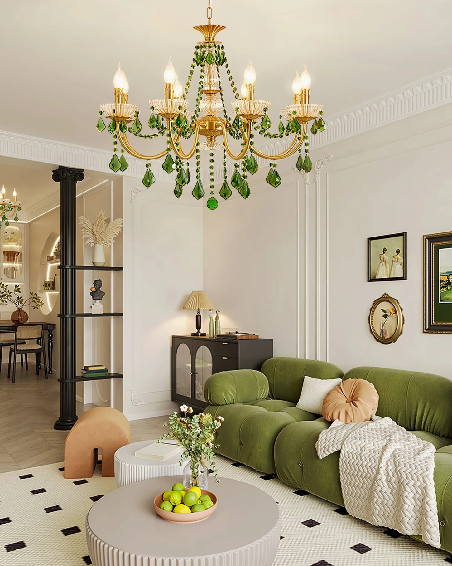 Magdalena brass and green crystal chandelier hanging in contemporary dining room