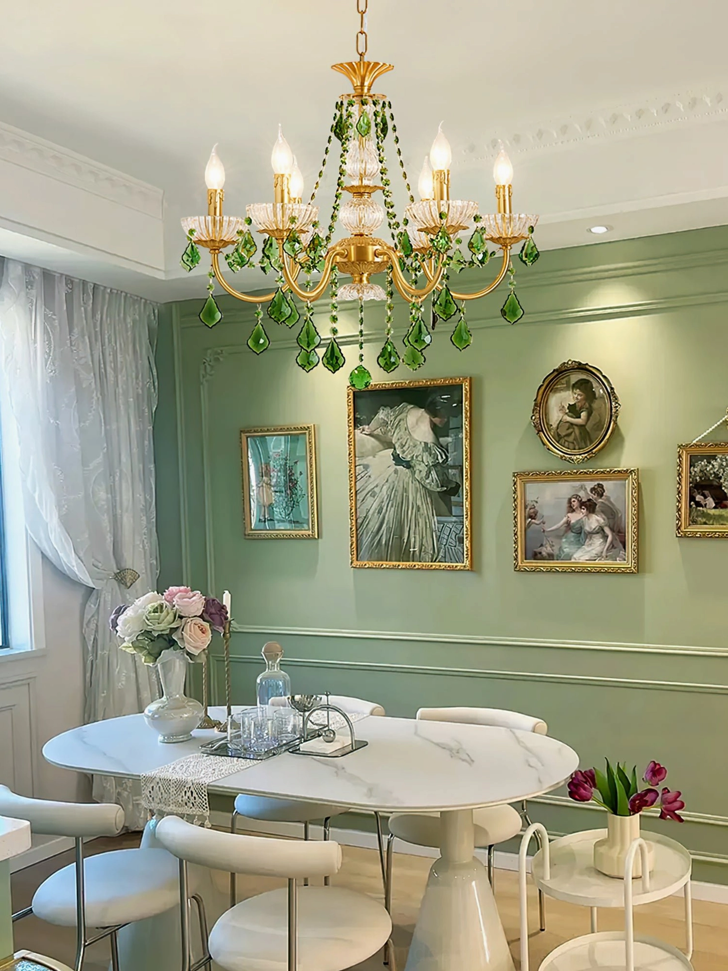 Magdalena brass and green crystal chandelier angled view showing geometric precision