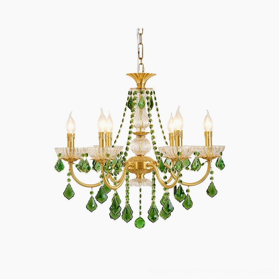 Magdalena brass and green crystal chandelier front view studio lighting mid-century modern design