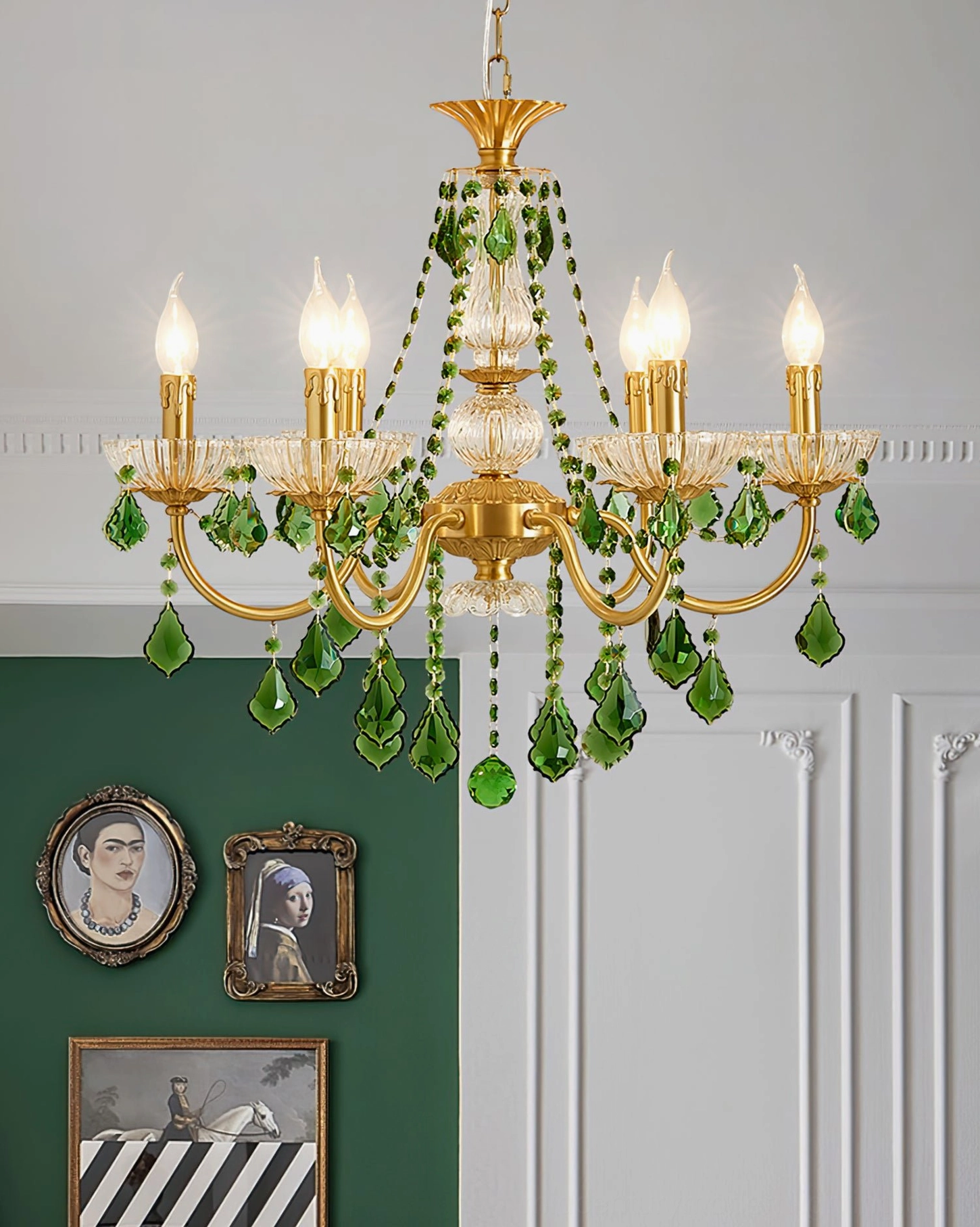 Magdalena chandelier full view showing all crystal arms and brass hardware assembly