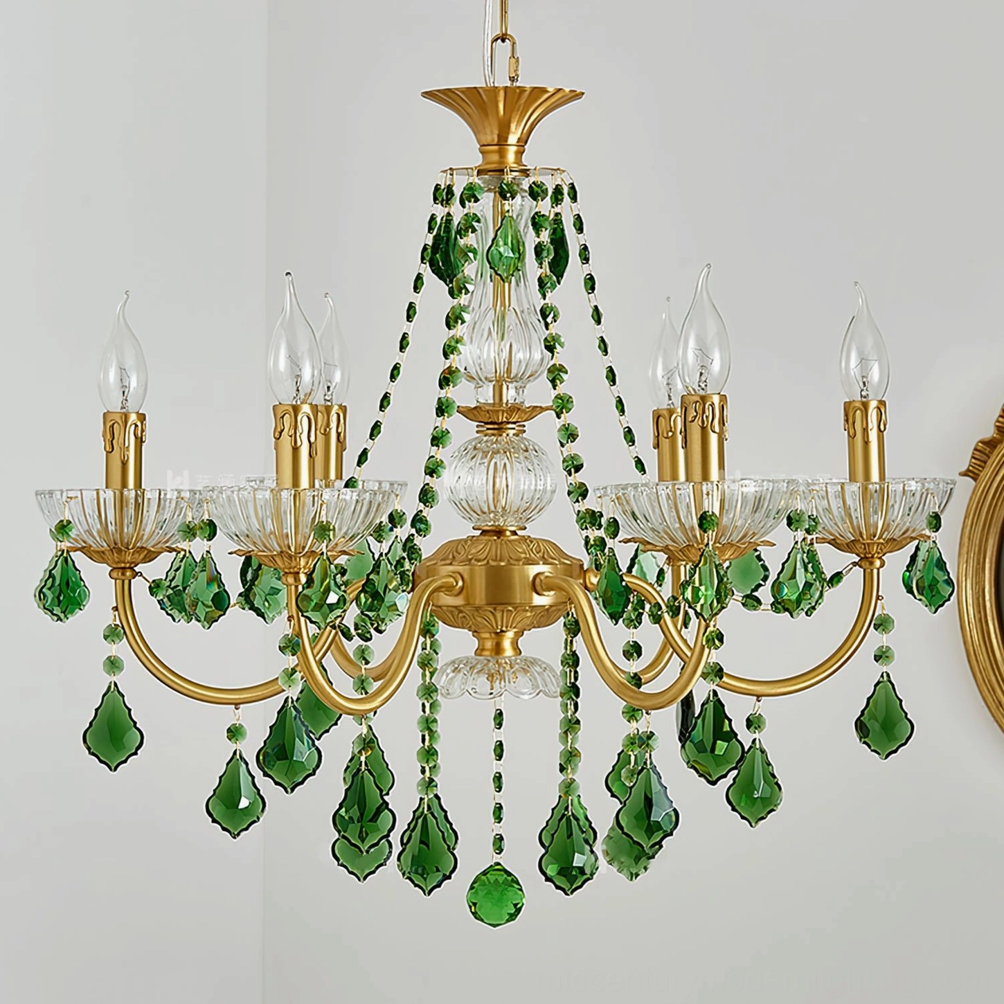 Magdalena brass chandelier side view profile showing crystal arm arrangement and proportions
