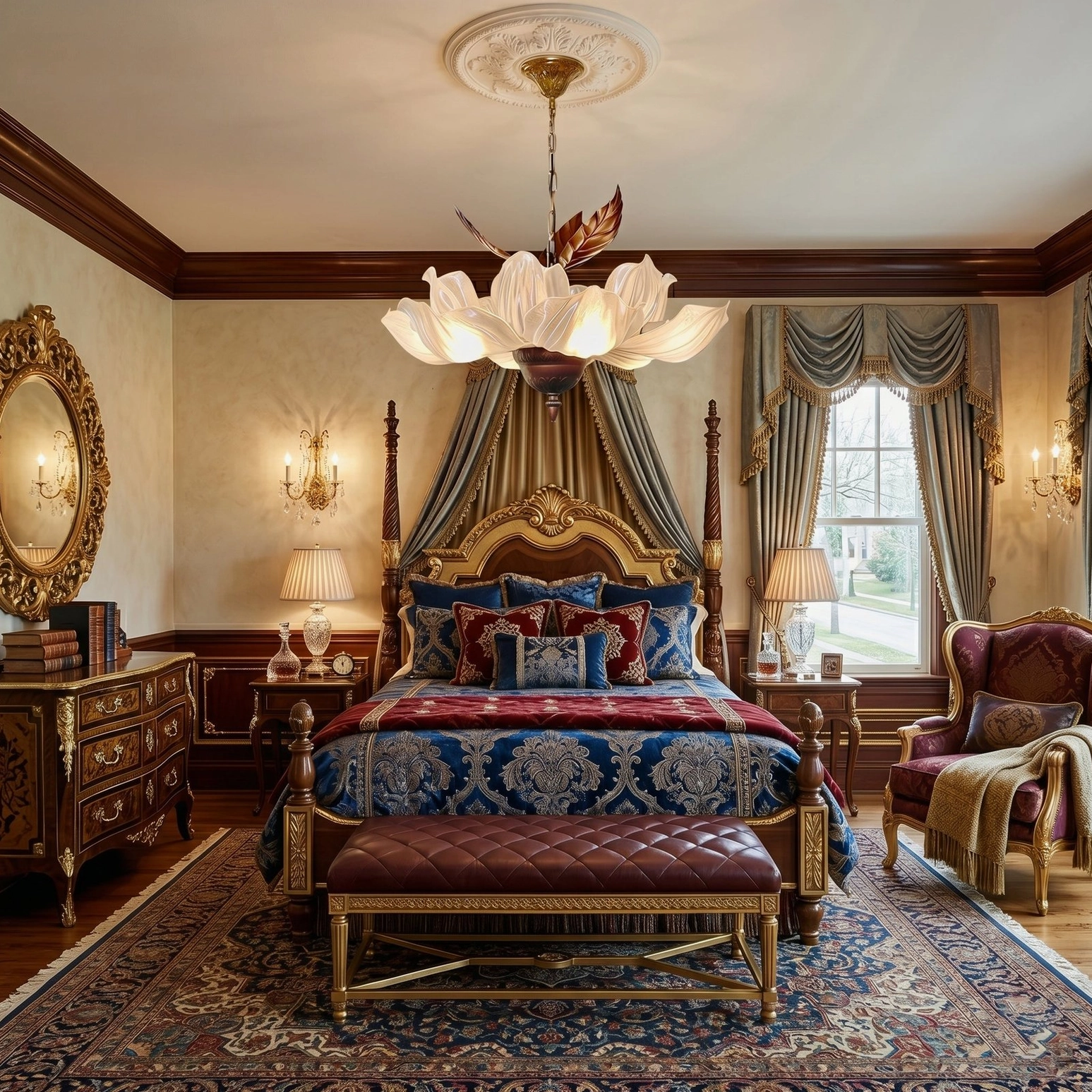 Magnolia Bloom Chandelier illuminated in European-inspired bedroom with dark wood furniture and patterned bedding