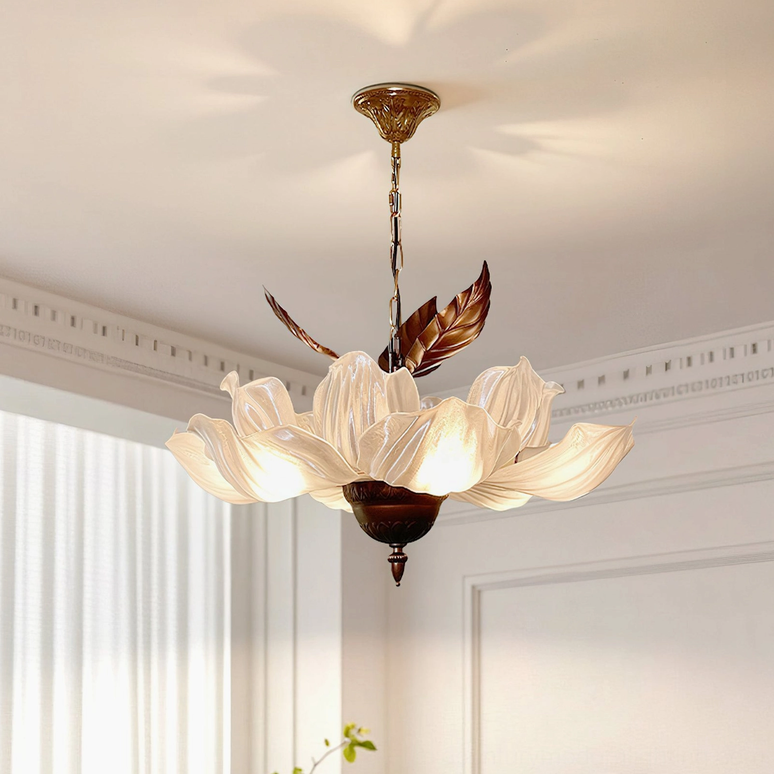 Magnolia Bloom Chandelier close-up detail showing acrylic petals and bronze hardware mounting