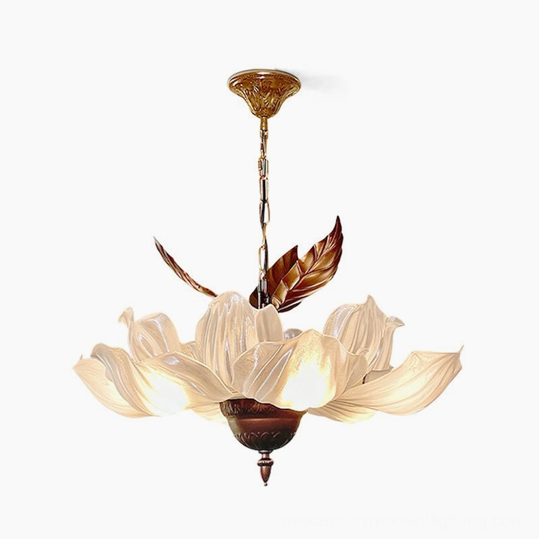 Magnolia Bloom Chandelier 24.8 inch diameter copper and white finish floral pendant light