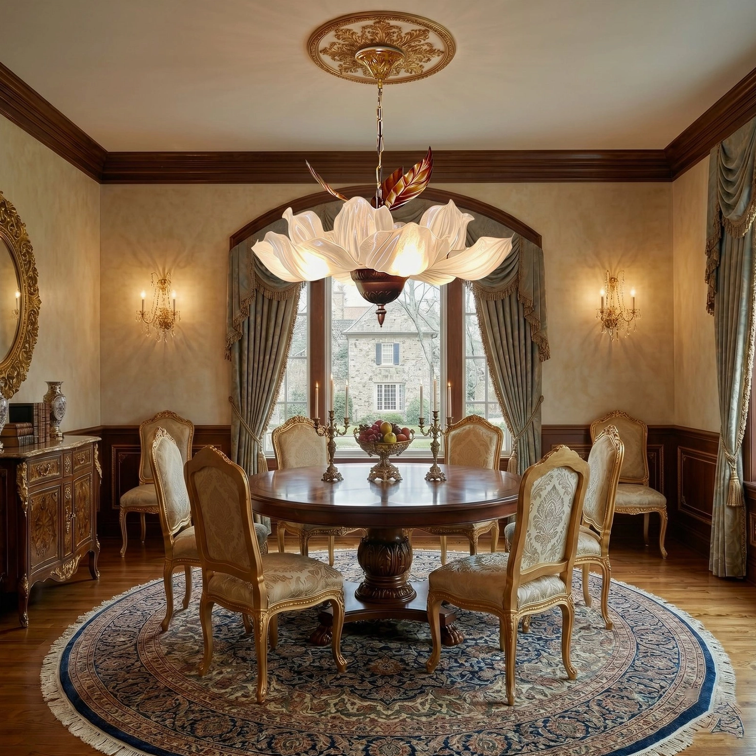 Magnolia Bloom Chandelier suspended above dining table in vintage neoclassical dining room with warm lighting