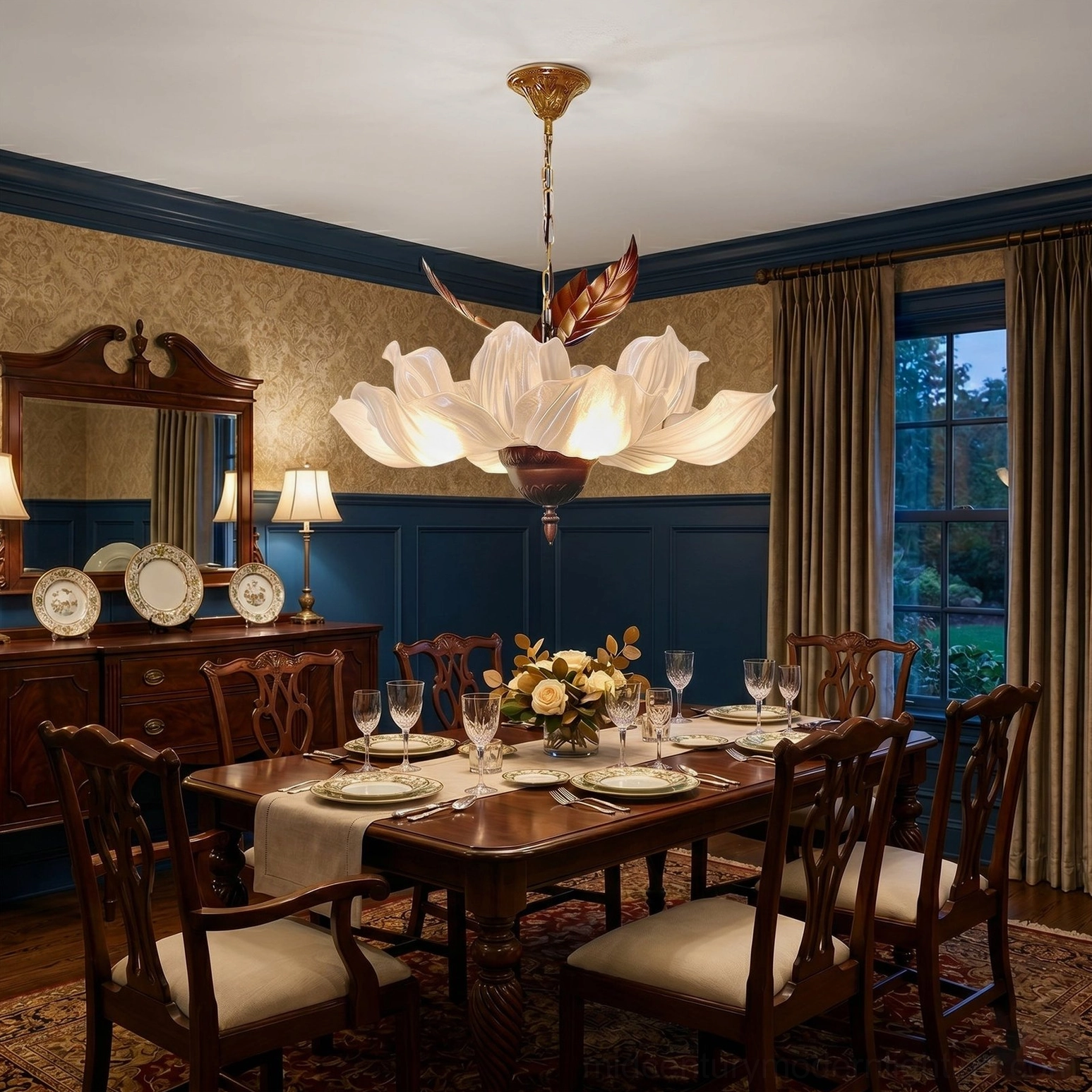 Magnolia Bloom Chandelier in formal dining room with dark blue wall trim and traditional wood furniture