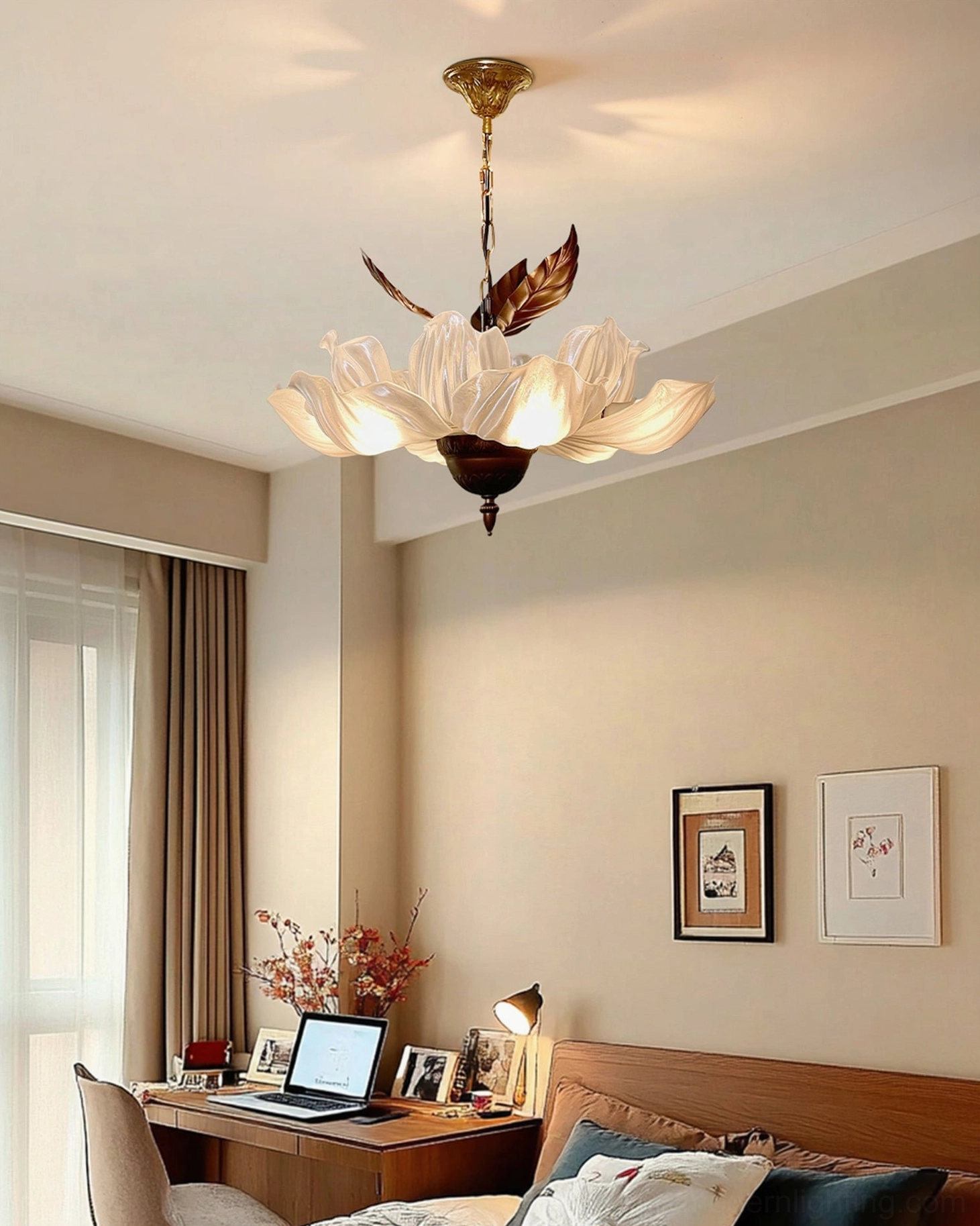 Magnolia Bloom Chandelier illuminated pendant showing warm glow through translucent acrylic petals