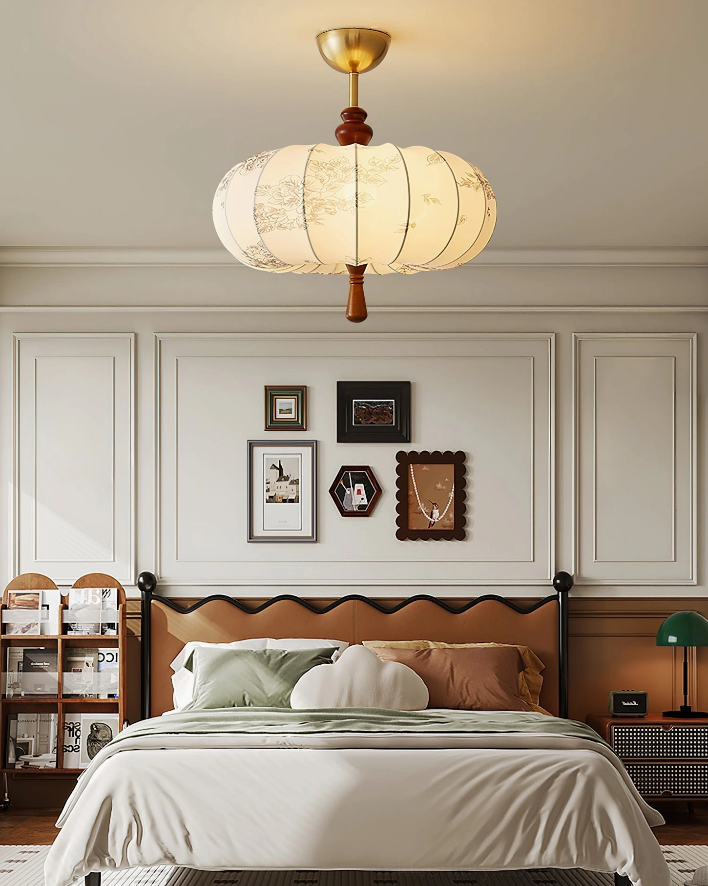 Pumpkin-shaped ceiling lamp in cozy French-style master bedroom with photo wall and luxury warm lighting