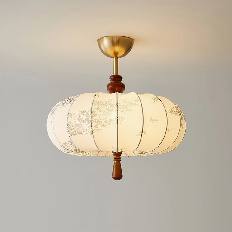 Compact Mantis fabric ceiling light fixture with minimalist white design, E27 bulb base, 45cm diameter