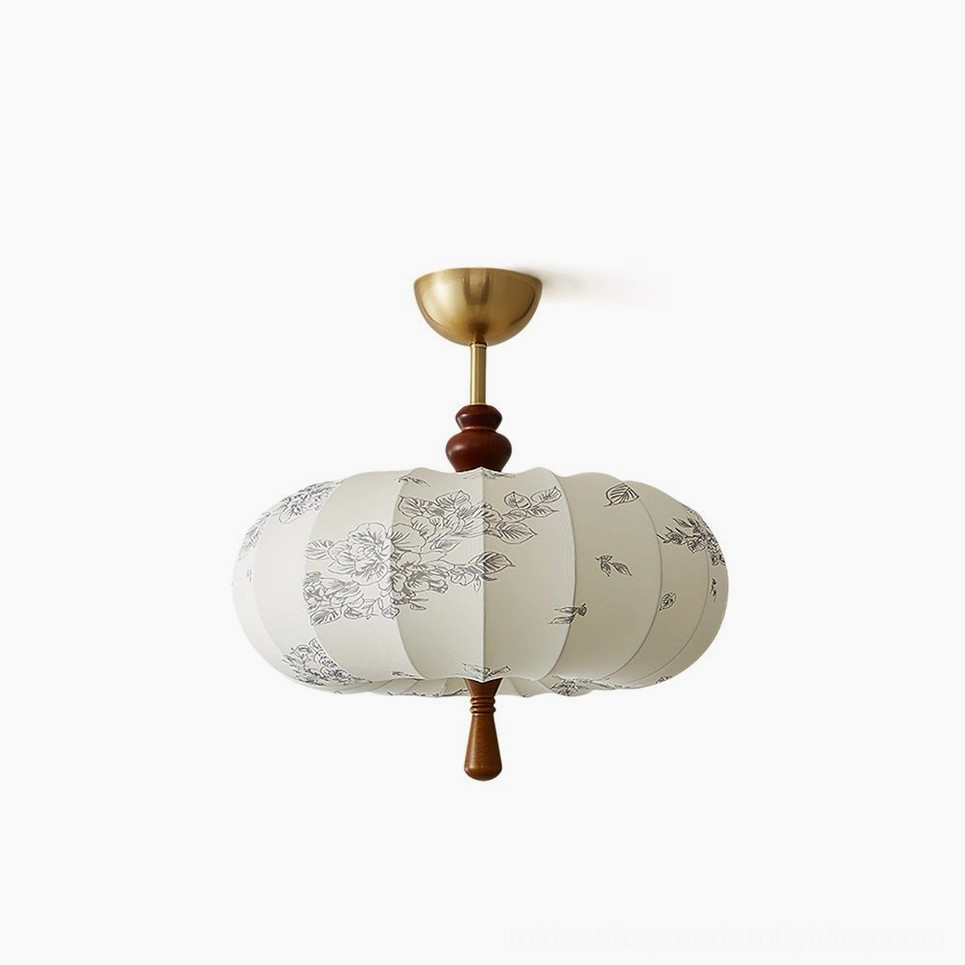 Mantis lantern ceiling light with floral fabric print and gold-walnut wood hardware, front product view on white background