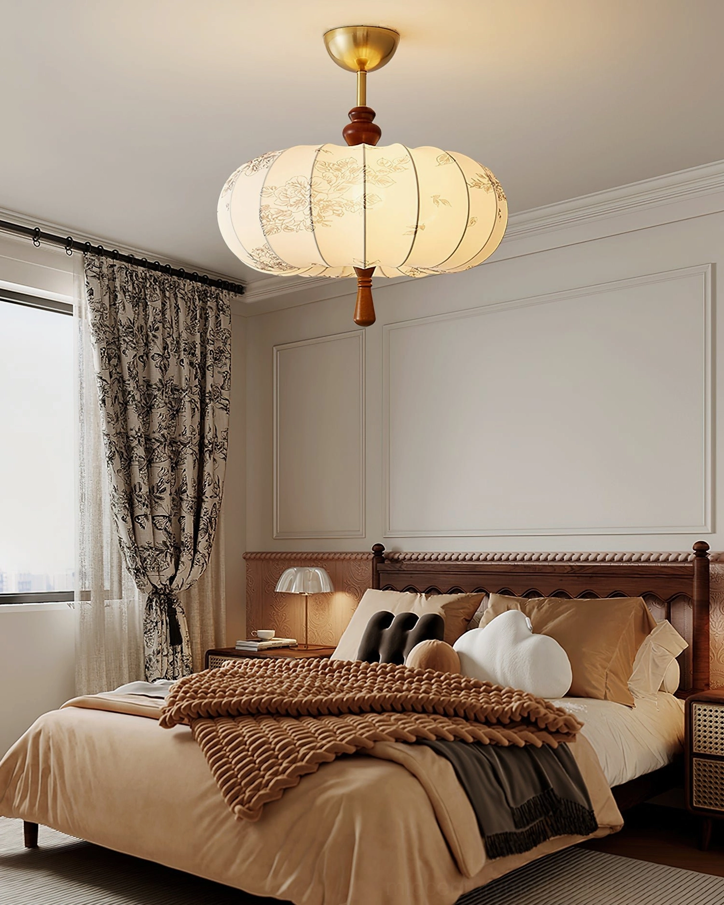 American-style master bedroom with Mantis pumpkin ceiling lamp and earthy warm home decor styling