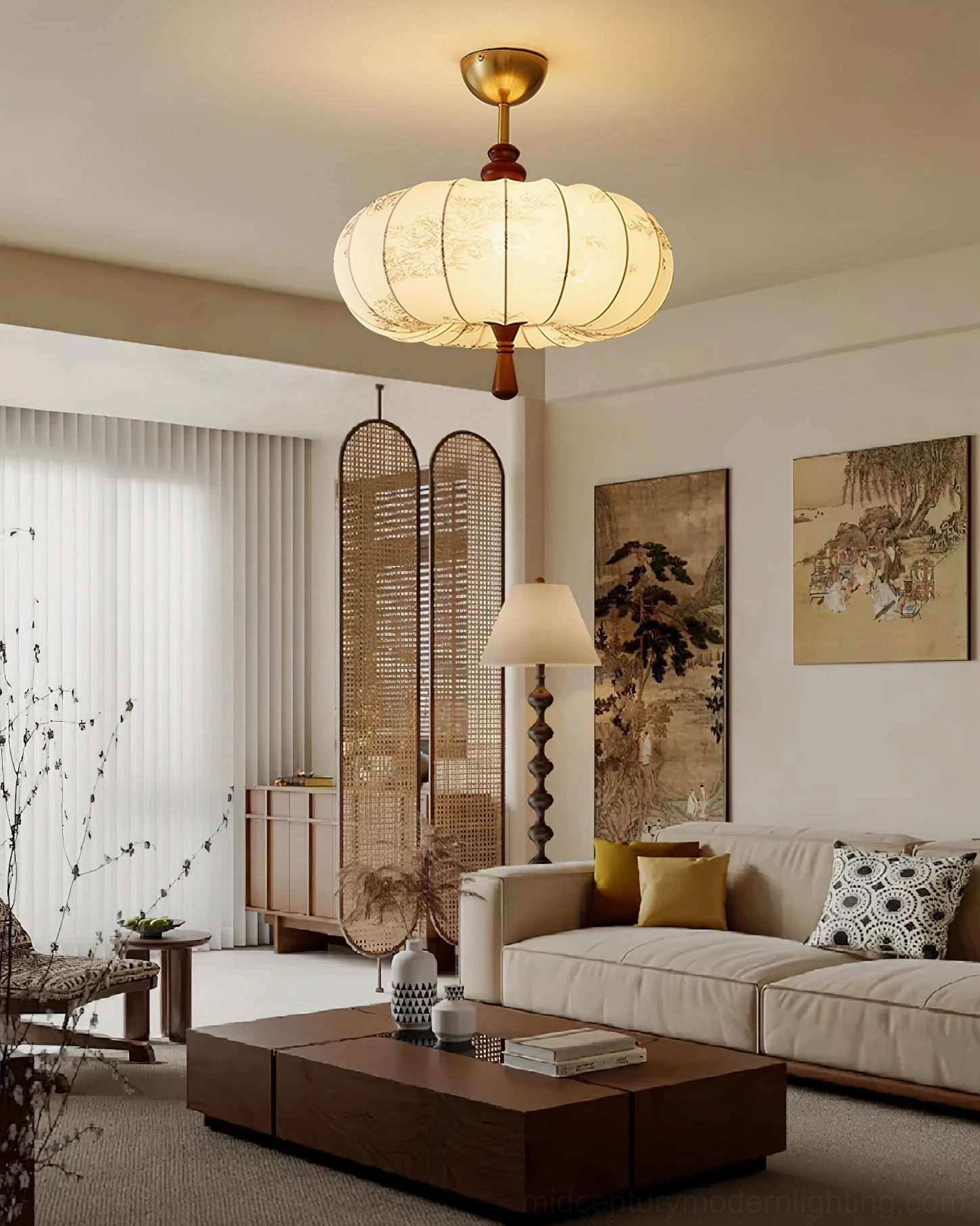 Mantis ceiling light installed in vintage American living room with warm retro home decor and wooden furniture