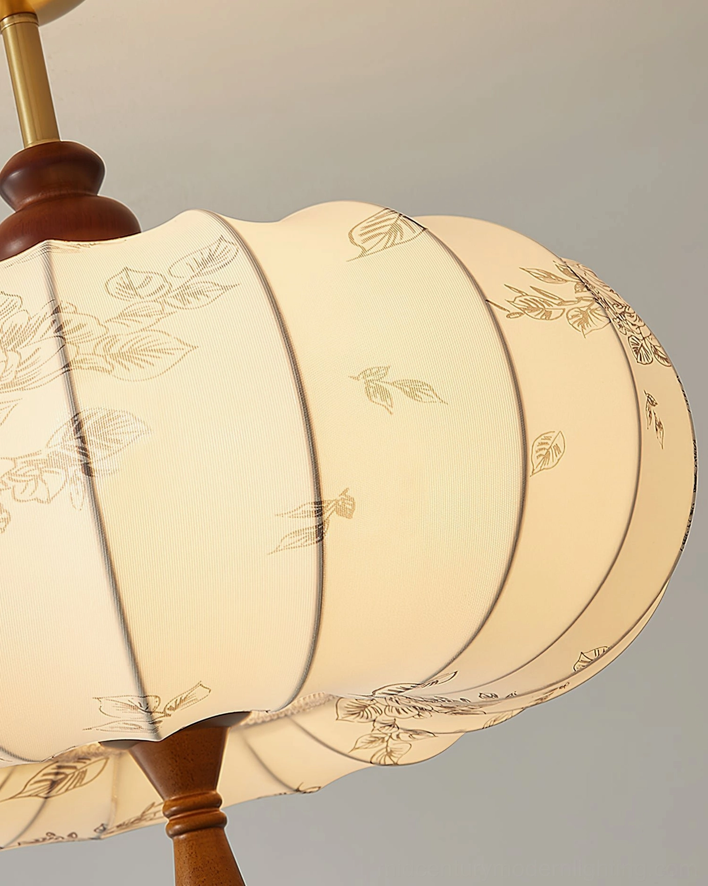 Mantis mid-century modern lantern ceiling light with fabric shade and metal-wood hardware assembly detail