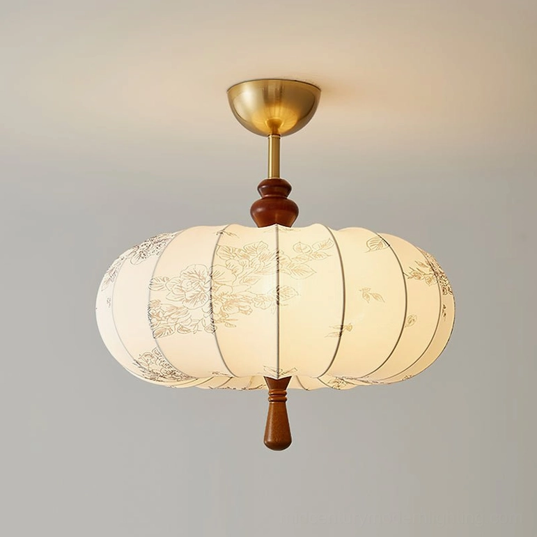 Standard size Mantis lantern ceiling light with white and walnut wood finish, three-bulb configuration