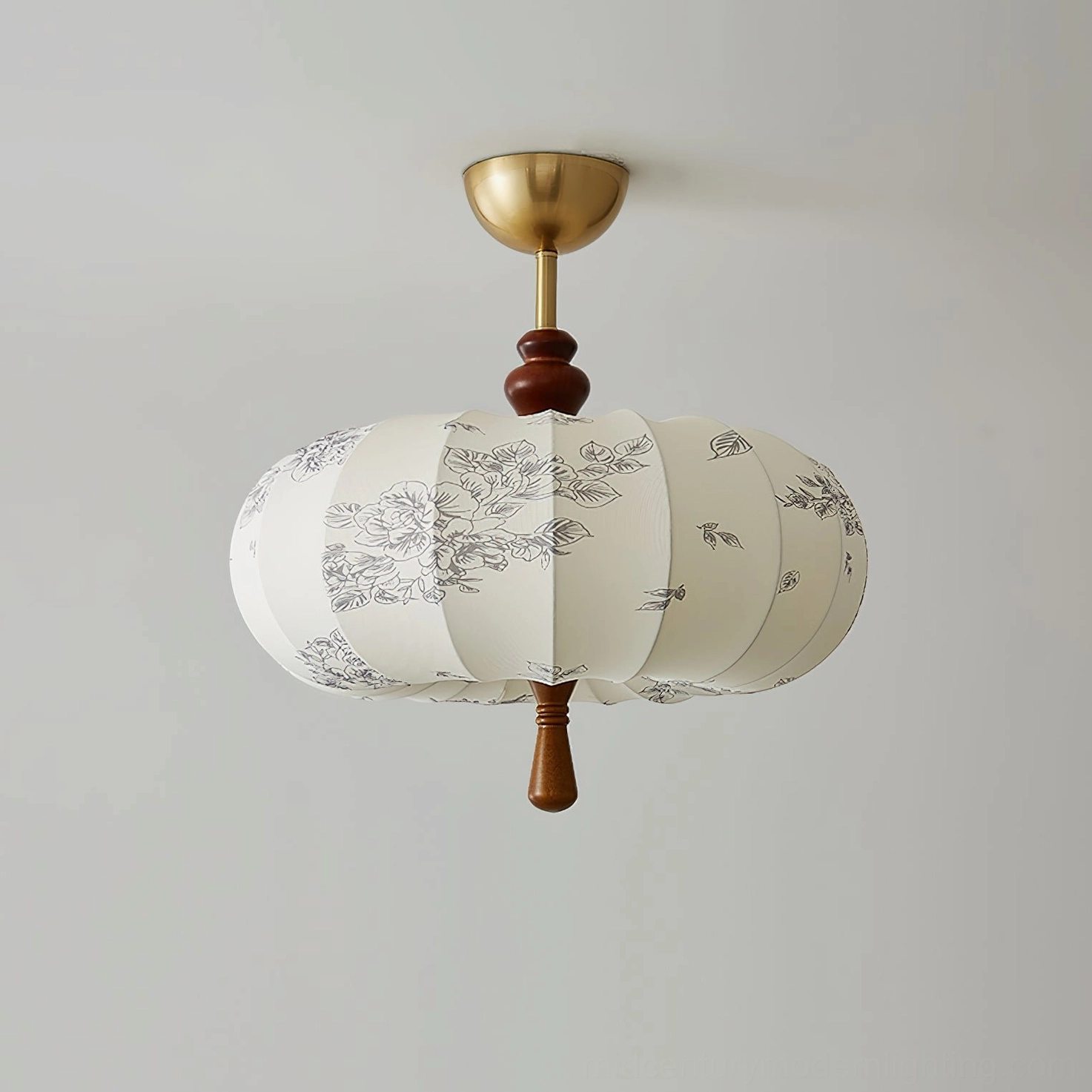 Flat product shot of white fabric Mantis ceiling lamp on studio background, new Chinese minimalist design