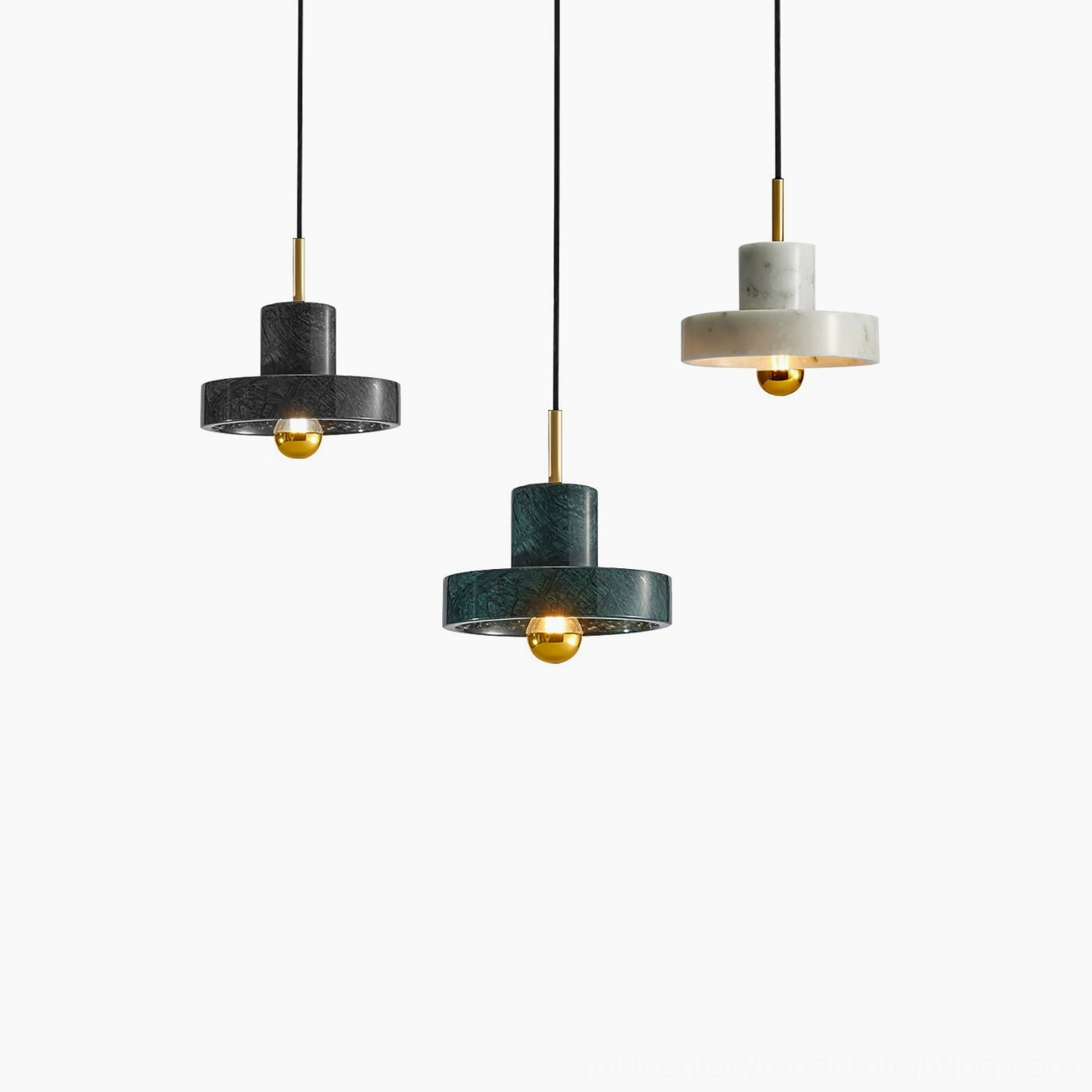 Marble pendant light collection featuring white, black, and green natural stone variations