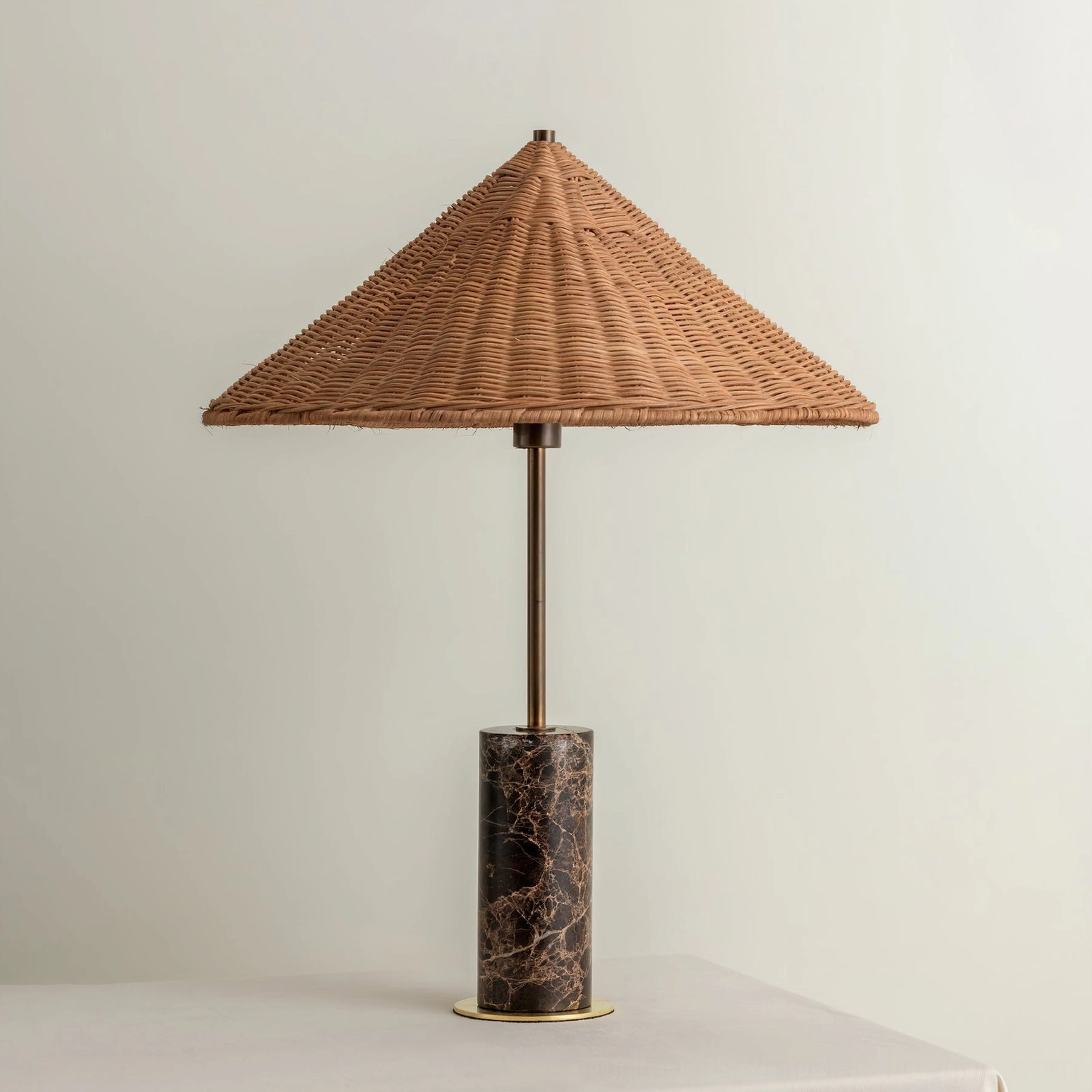 Right perspective of marble rattan table lamp - handwoven conical rattan shade detail