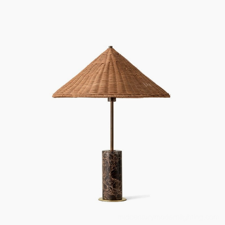 Marble rattan table lamp studio shot - white backdrop showcasing sculptural form and bronze metal components