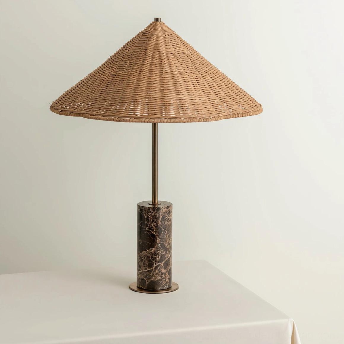 Left angle view of marble rattan lamp - showing natural brown marble base with rattan conical shade