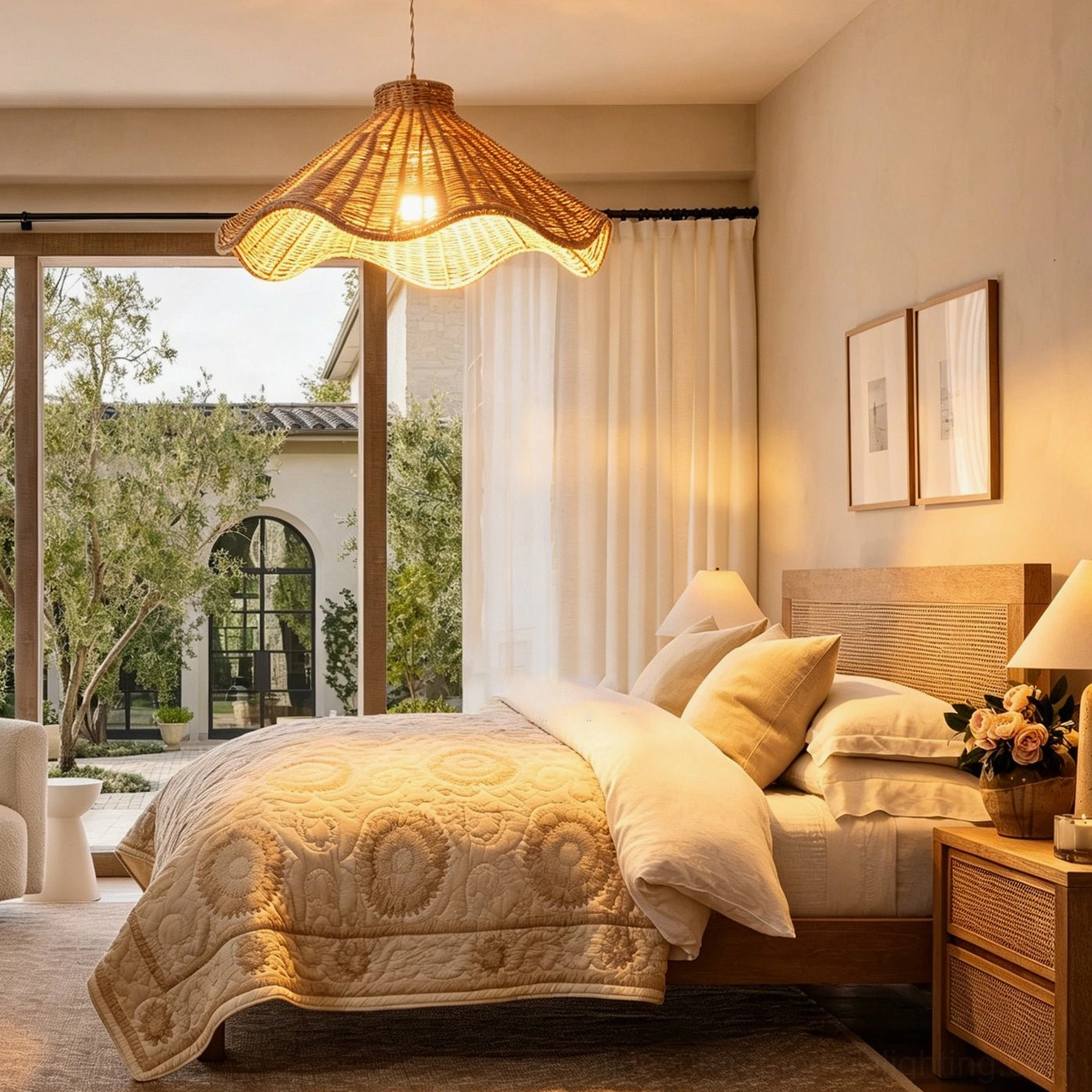 Maren rattan pendant light in cozy boho bedroom interior with warm ambient lighting and eye-level view creating relaxed bohemian atmosphere