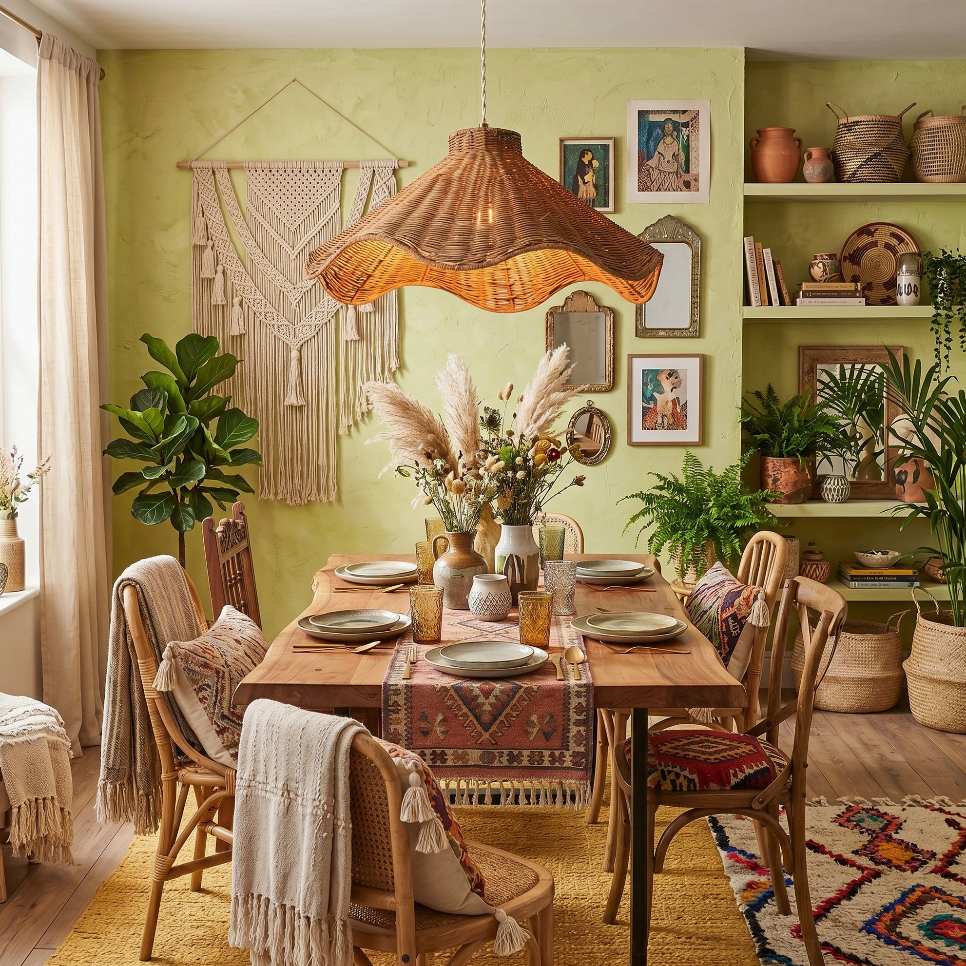 Maren sculptural rattan pendant in eclectic boho maximalist dining room with green accent wall, natural wood furnishings, and warm layered lighting