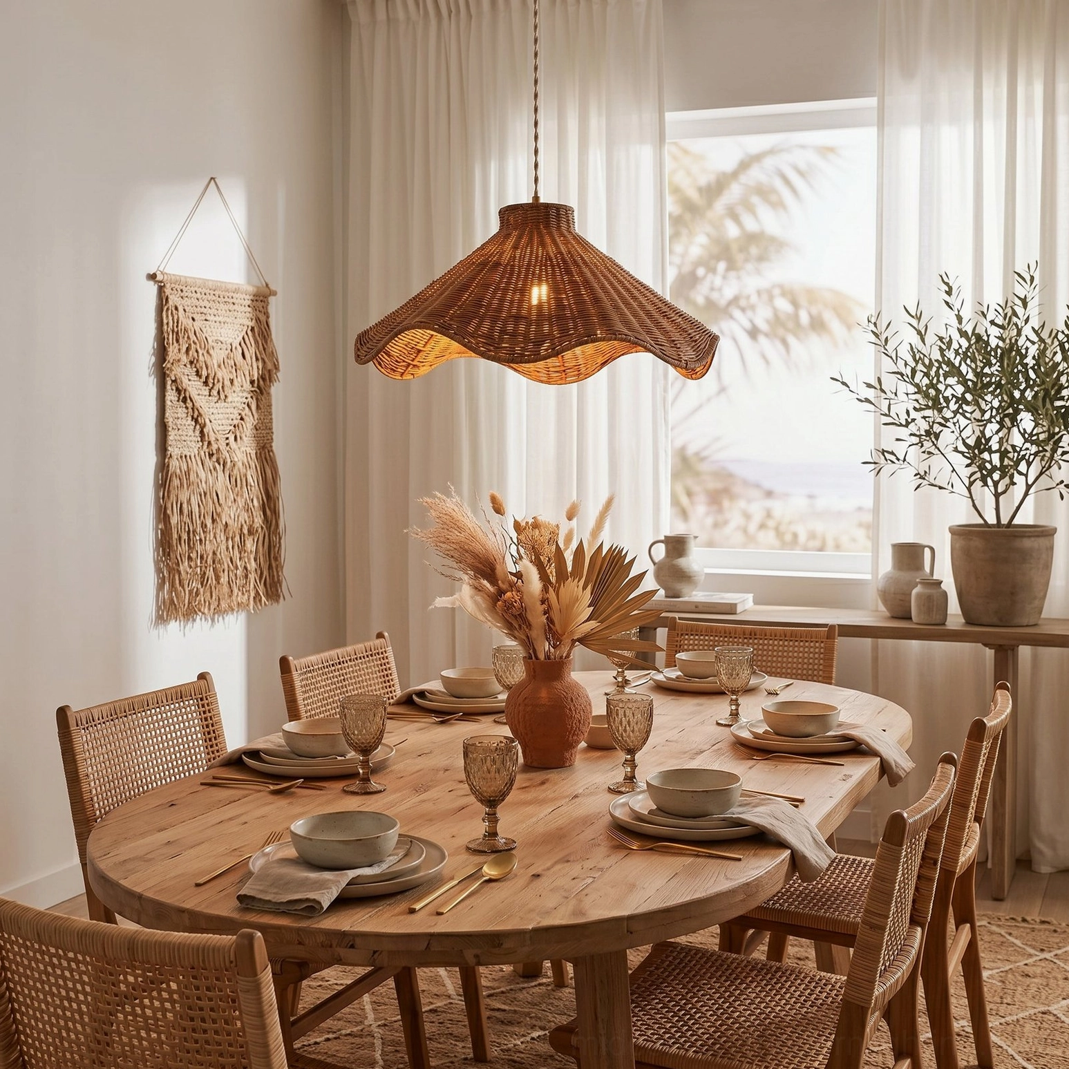 Maren sculptural rattan pendant in coastal modern dining room with beachy interior, macramé wall hanging, and warm ambient lighting