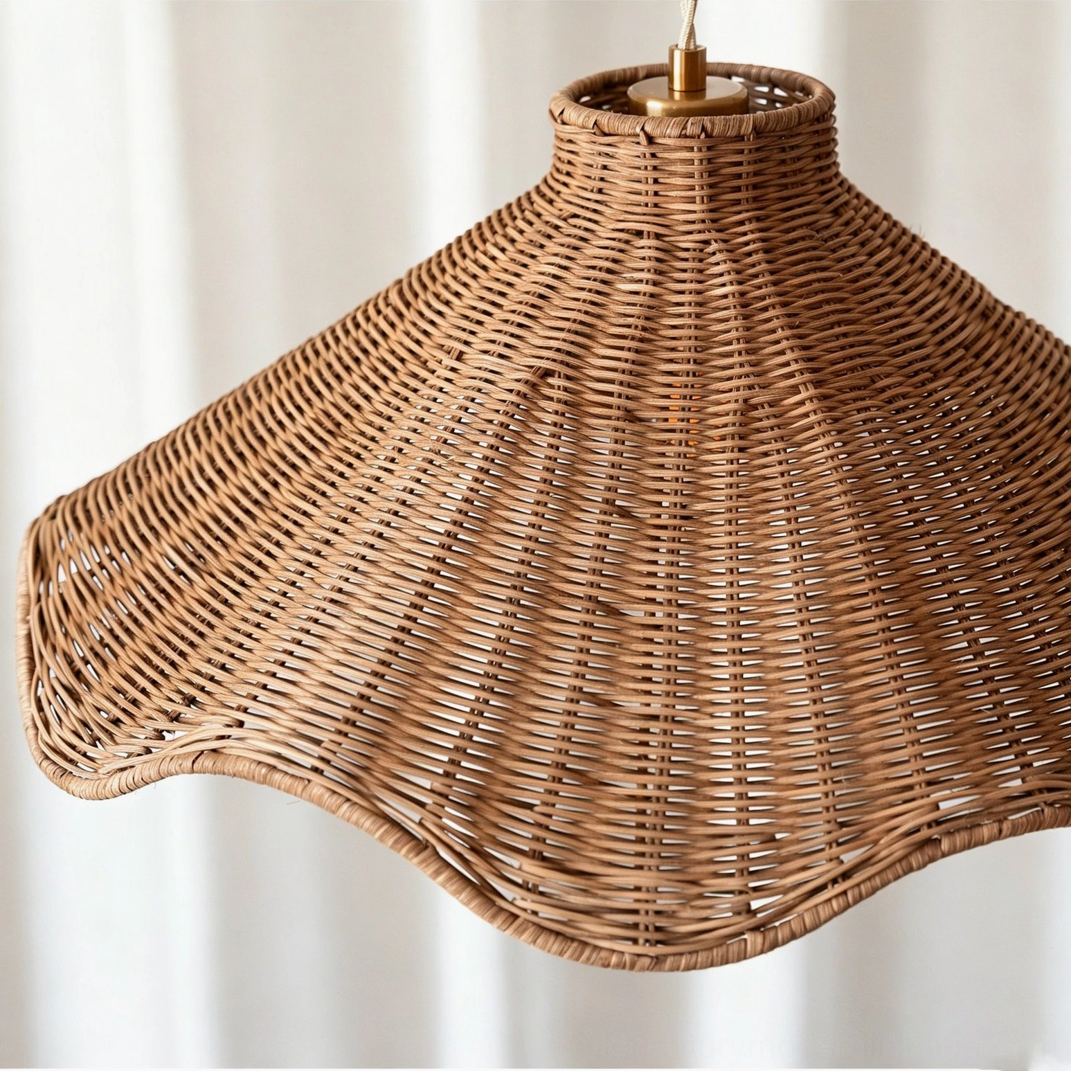 Maren sculptural rattan pendant light detail view showcasing engineered split-rattan weave and cream woven suspension cord construction