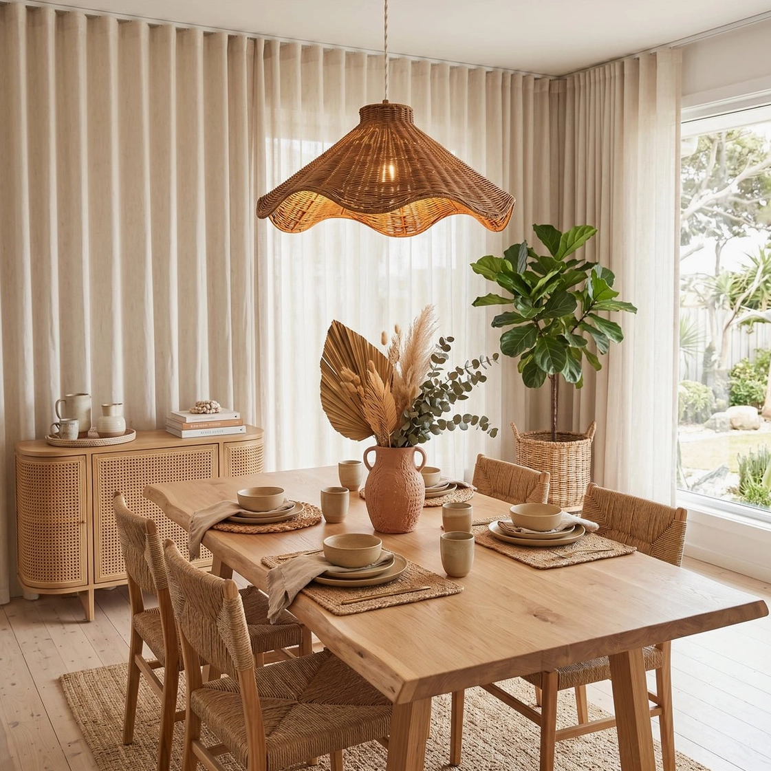 Maren rattan pendant light hanging over farmhouse dining table in warm neutral dining room with natural wood table and minimalist decor