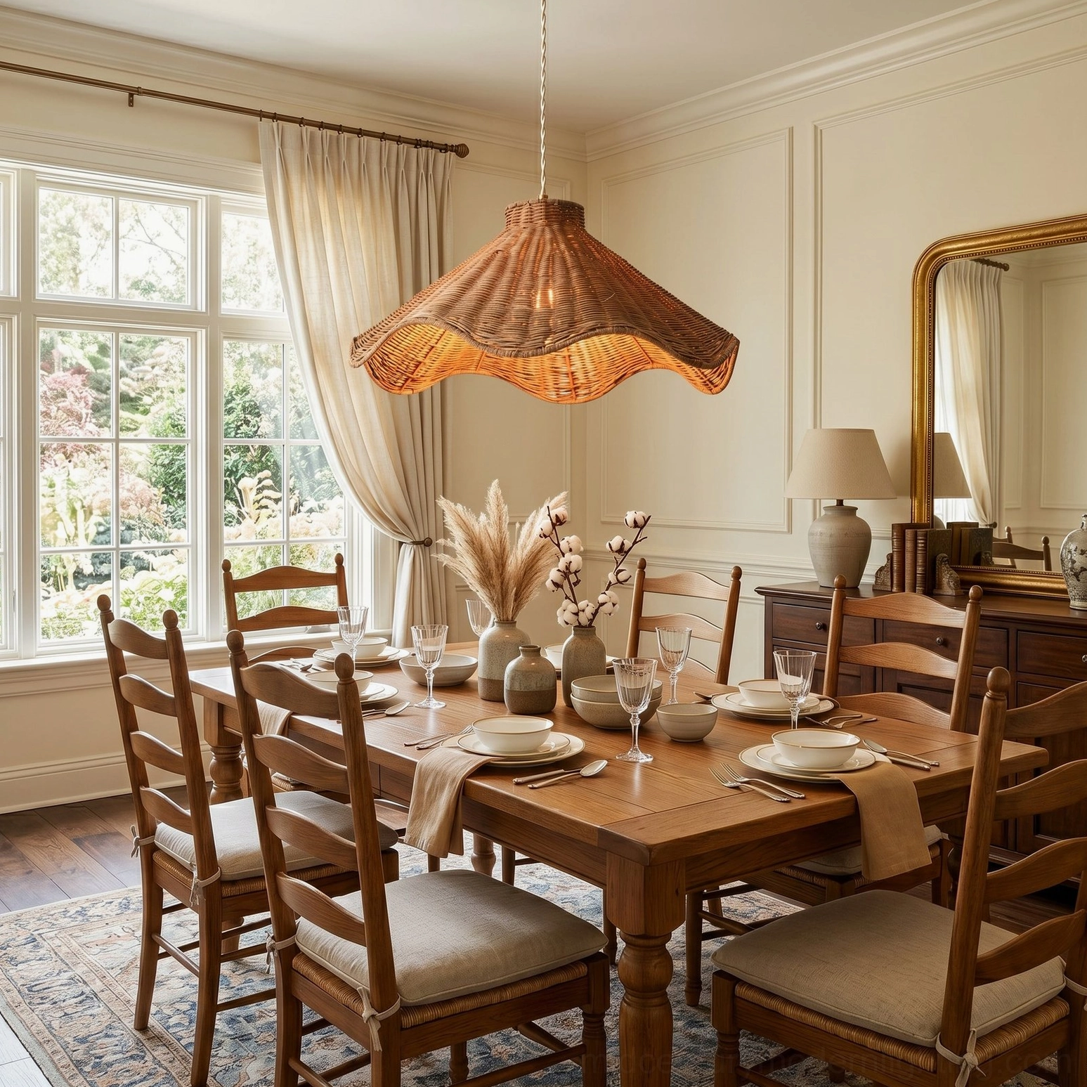 Maren sculptural rattan pendant light hanging in sun-lit family wooden dining room with boho coastal rustic style and warm natural light
