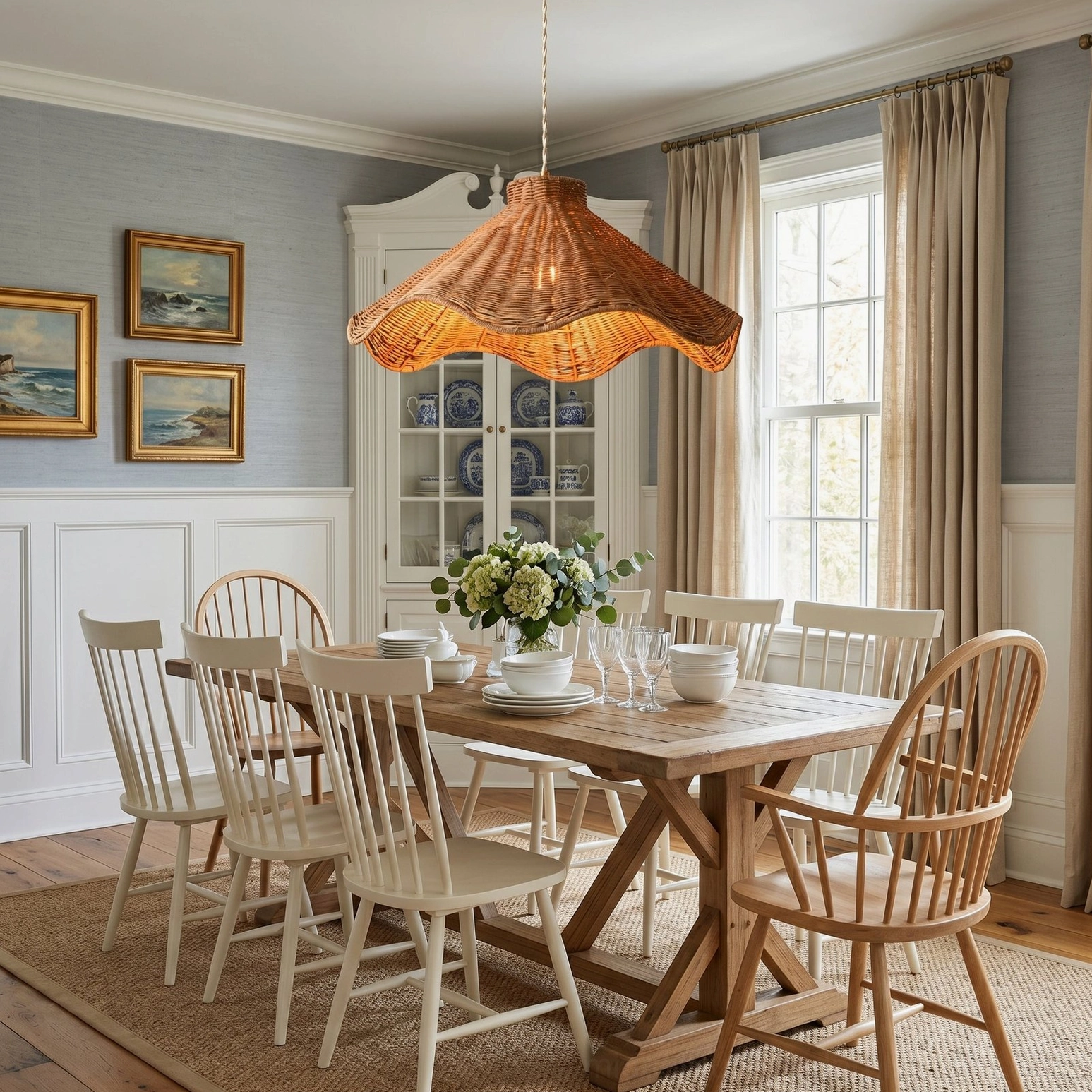 Maren rattan wave pendant light over classic blue and white farmhouse dining space with warm rustic decor and side angle view