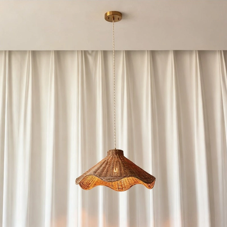 Maren sculptural rattan pendant light full product shot in warm brown finish with cream textile cord, ideal for dining room and living room spaces