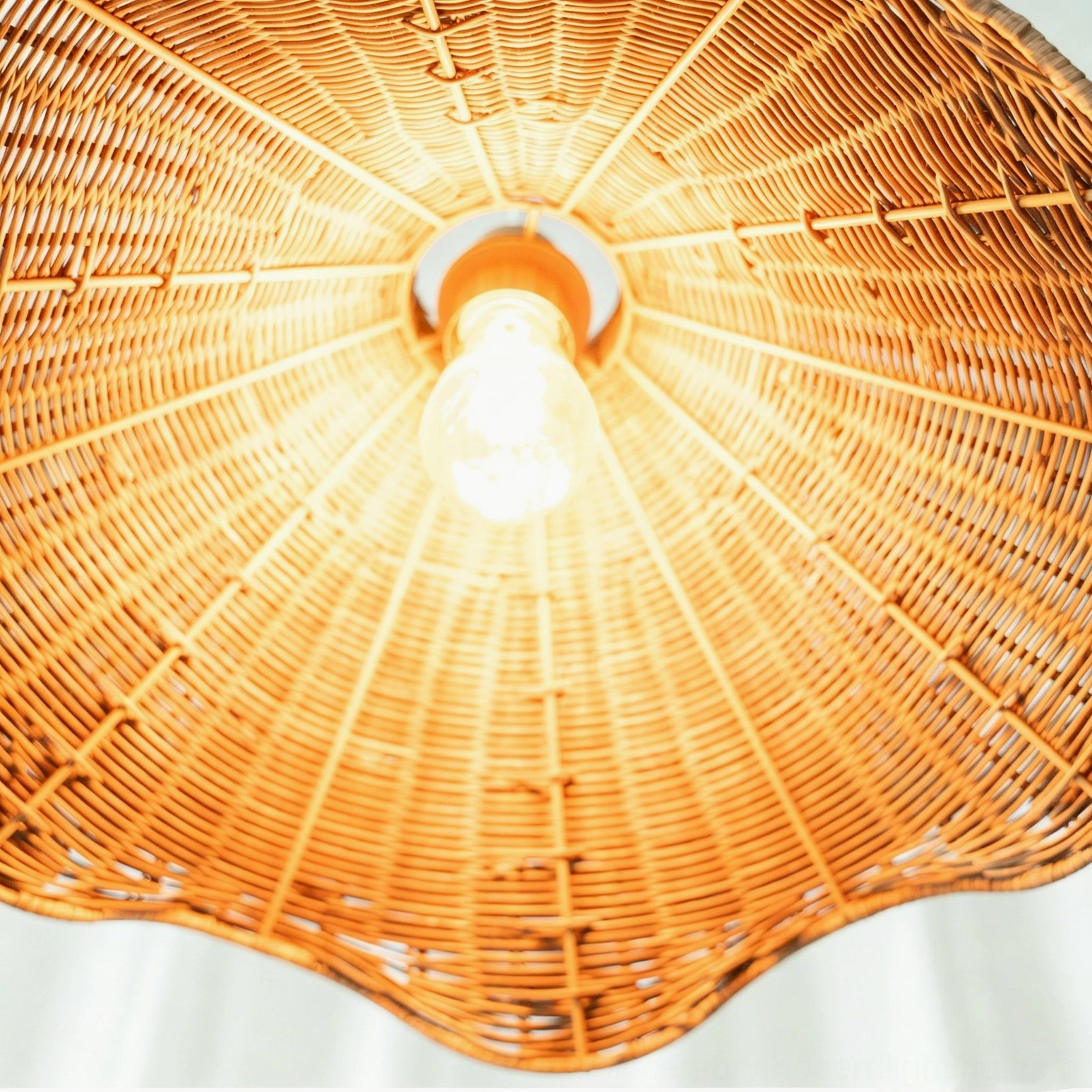 Maren rattan pendant light showing scalloped wave silhouette and warm brown engineered rattan construction in detailed product view