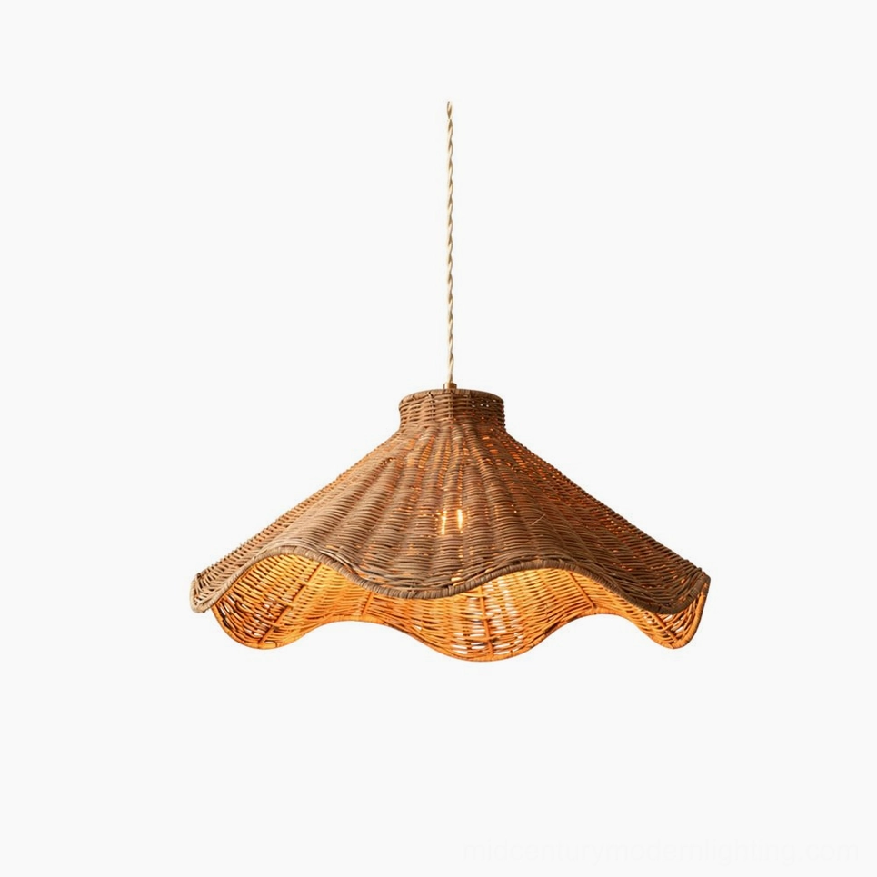 Maren sculptural rattan pendant light with scalloped wave form displayed against white background, showcasing engineered split-rattan weave and cream woven cord suspension