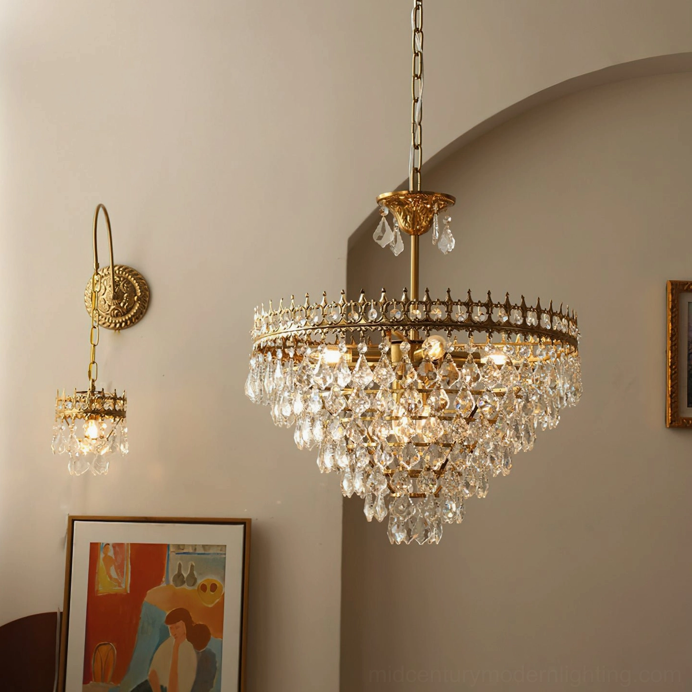 Marilyn Crystal Chandelier medium size in contemporary bedroom setting, warm gold and crystal fixture above modern bedside table