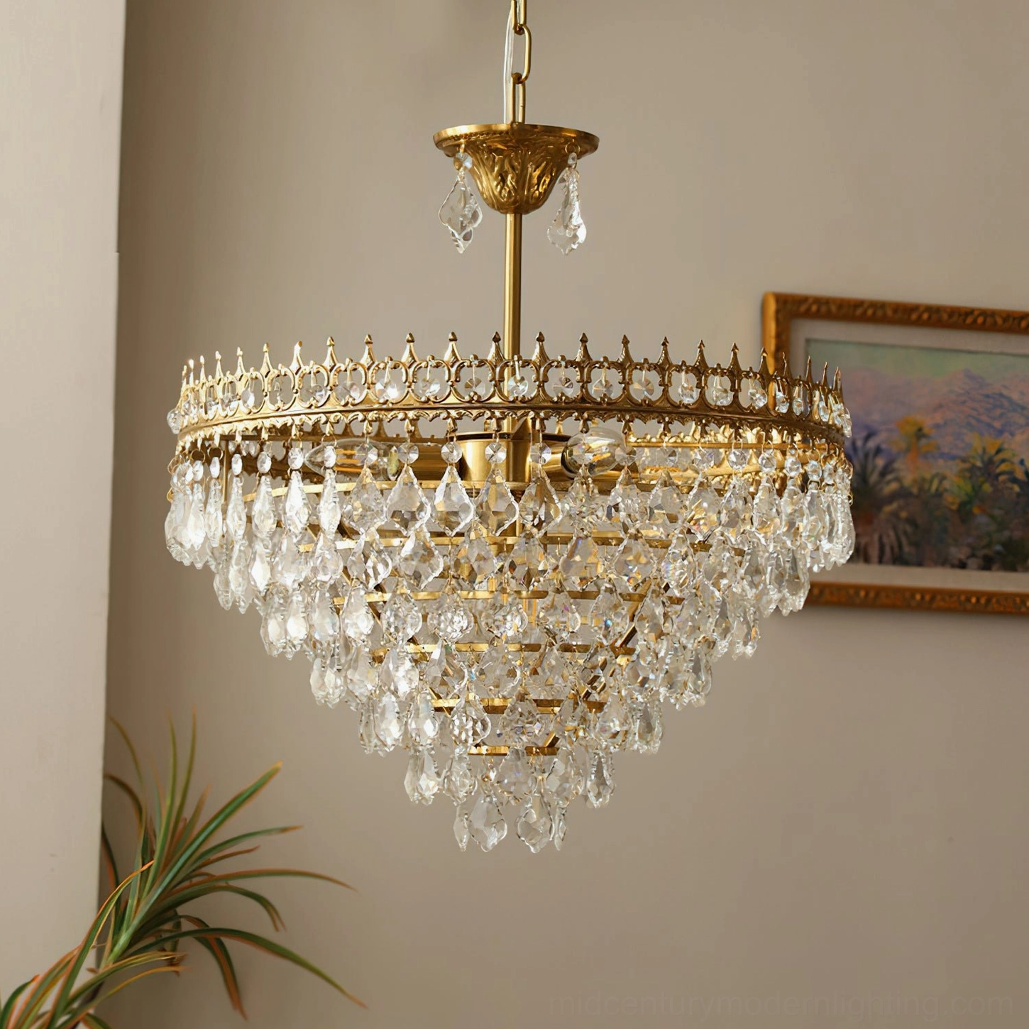 Marilyn Crystal Chandelier detailed product photography showing crystal facets and brushed gold frame construction