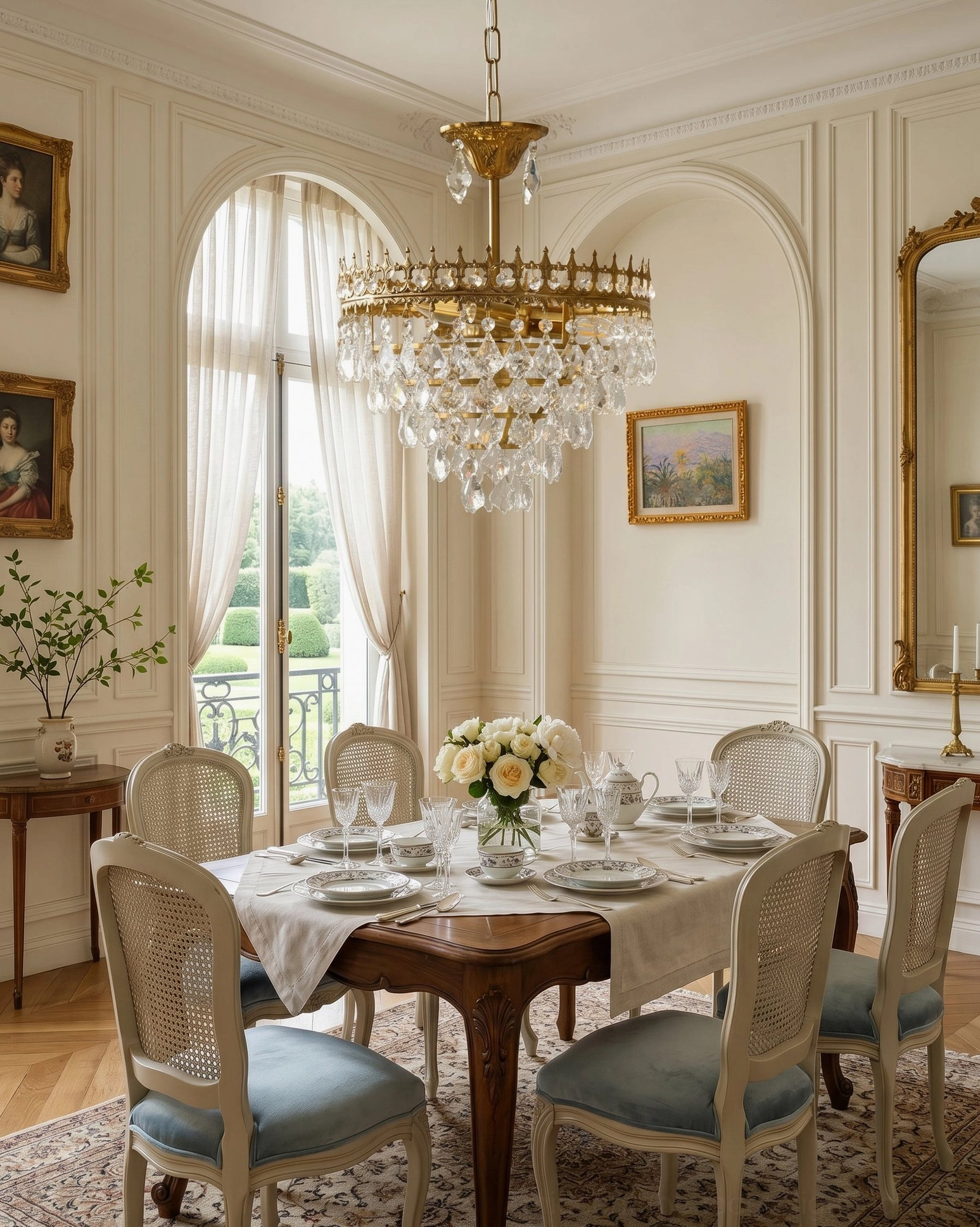 Marilyn Crystal Chandelier in bright classic dining space with arched windows, elegant crystal and gold fixture in cozy interior setting